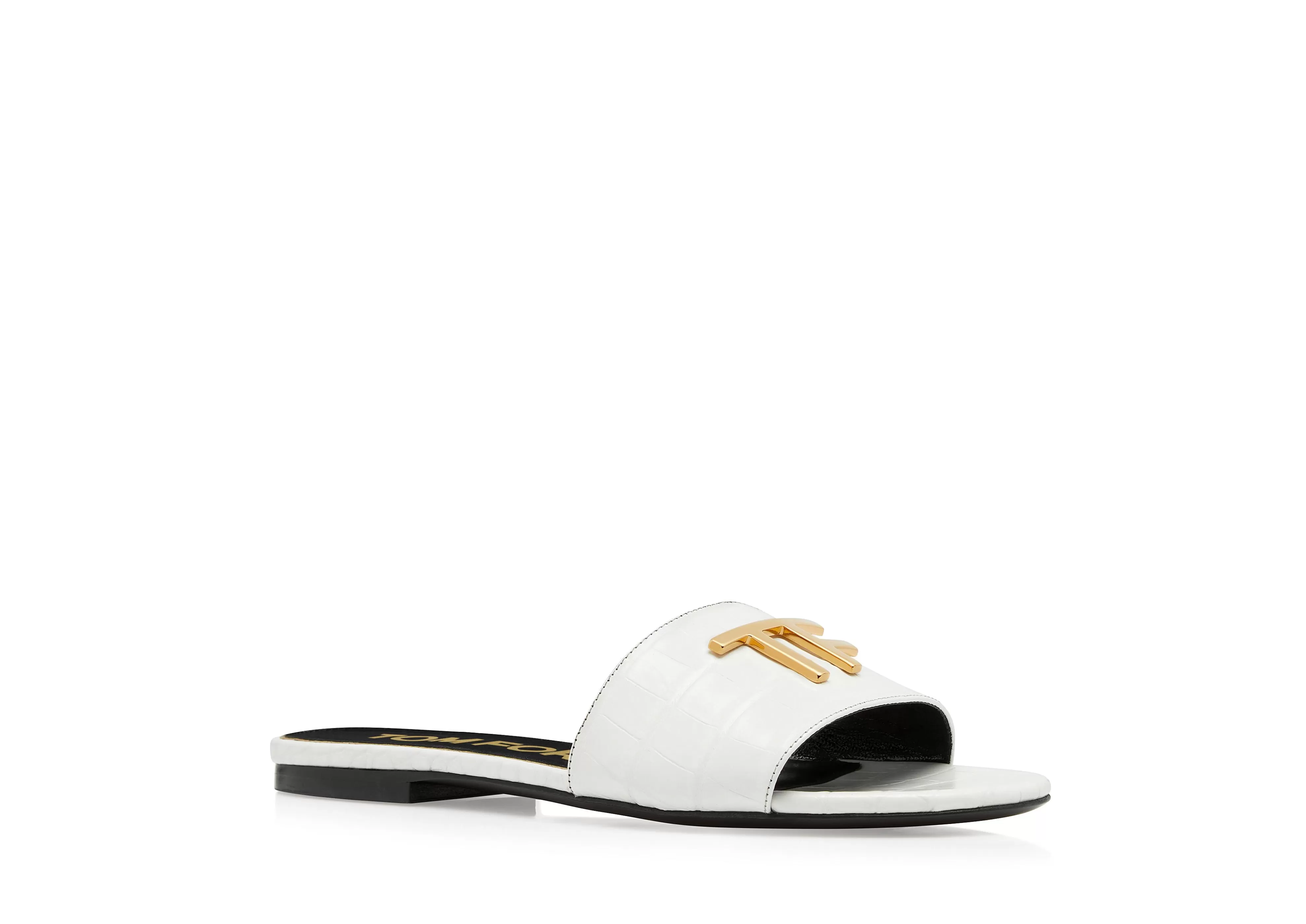 TOM FORD SHINY STAMPED CROCODILE LEATHER TF SLIDE WHITE^WOMEN | WOMEN Flats | Sandals