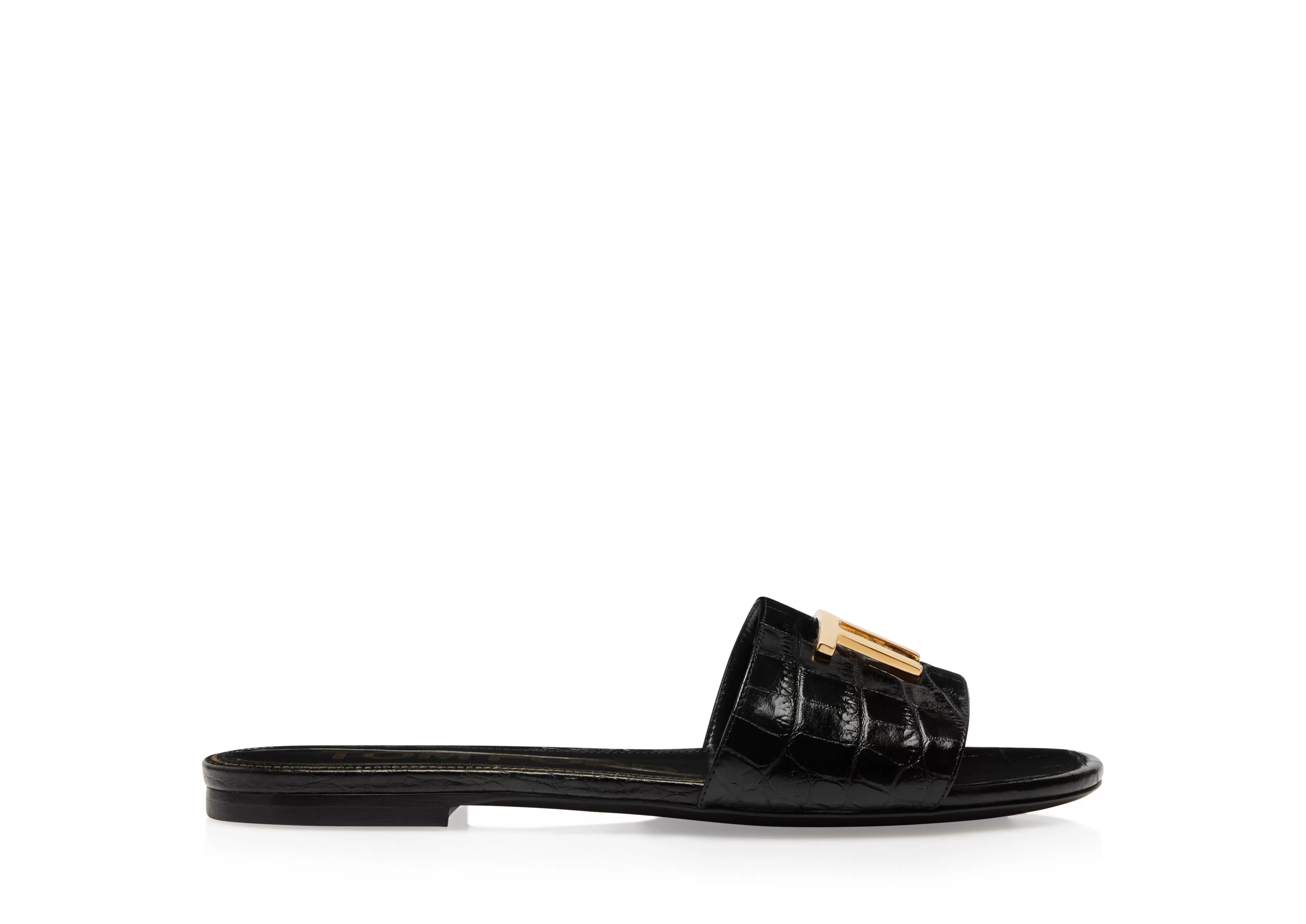 TOM FORD SHINY STAMPED CROCODILE LEATHER TF SLIDE BLACK^WOMEN | WOMEN Flats | Sandals