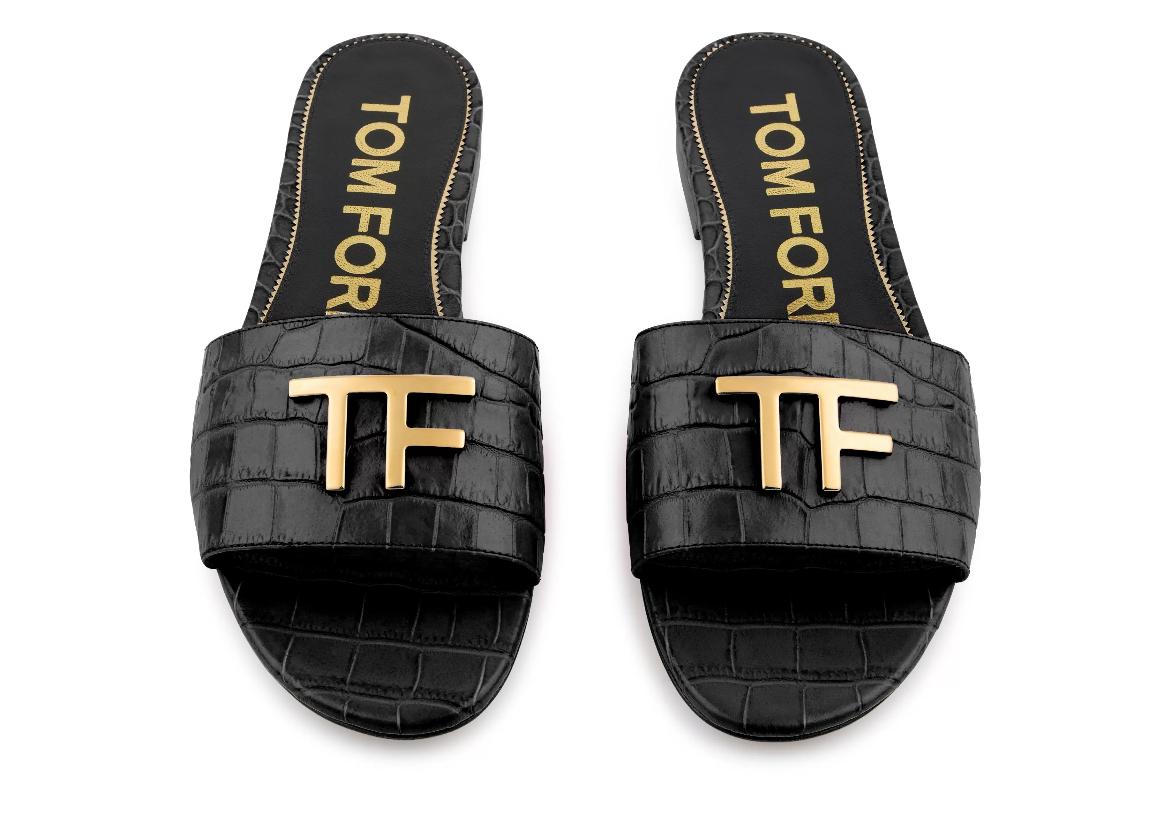 TOM FORD SHINY STAMPED CROCODILE LEATHER TF SLIDE BLACK^WOMEN | WOMEN Flats | Sandals