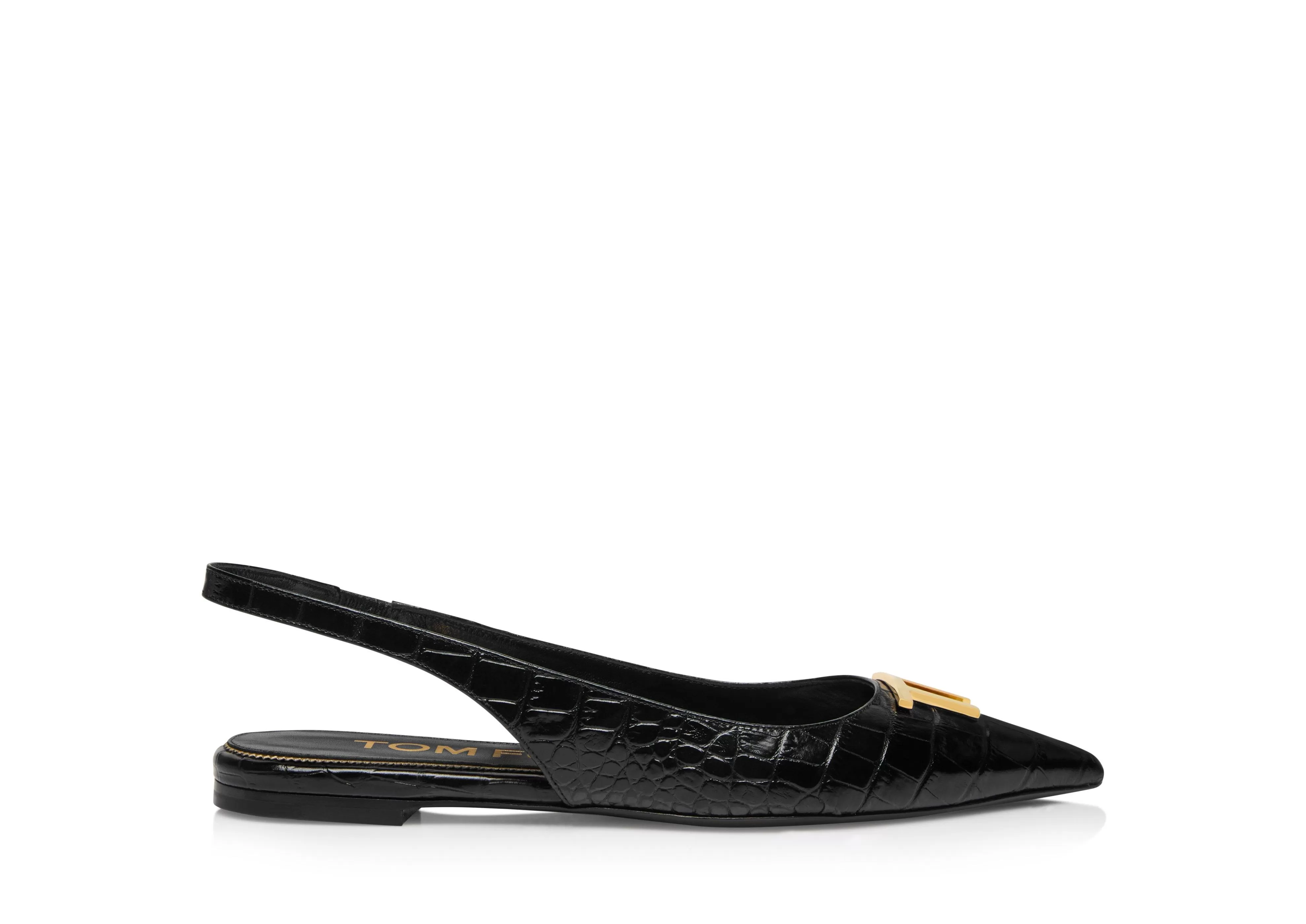 TOM FORD SHINY STAMPED CROCODILE LEATHER TF SLINGBACK BALLERINA FLAT BLACK^WOMEN Flats