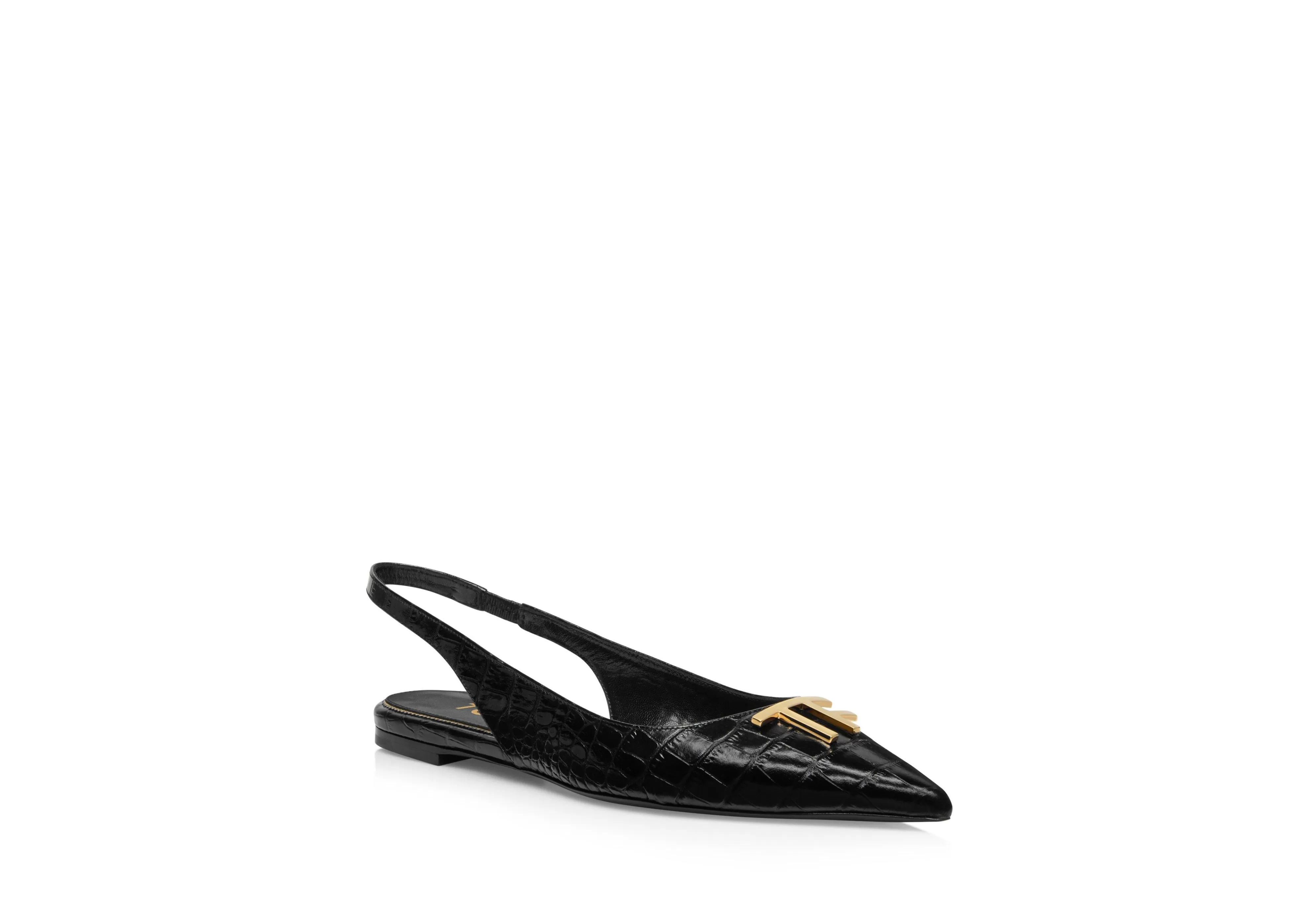 TOM FORD SHINY STAMPED CROCODILE LEATHER TF SLINGBACK BALLERINA FLAT BLACK^WOMEN Flats