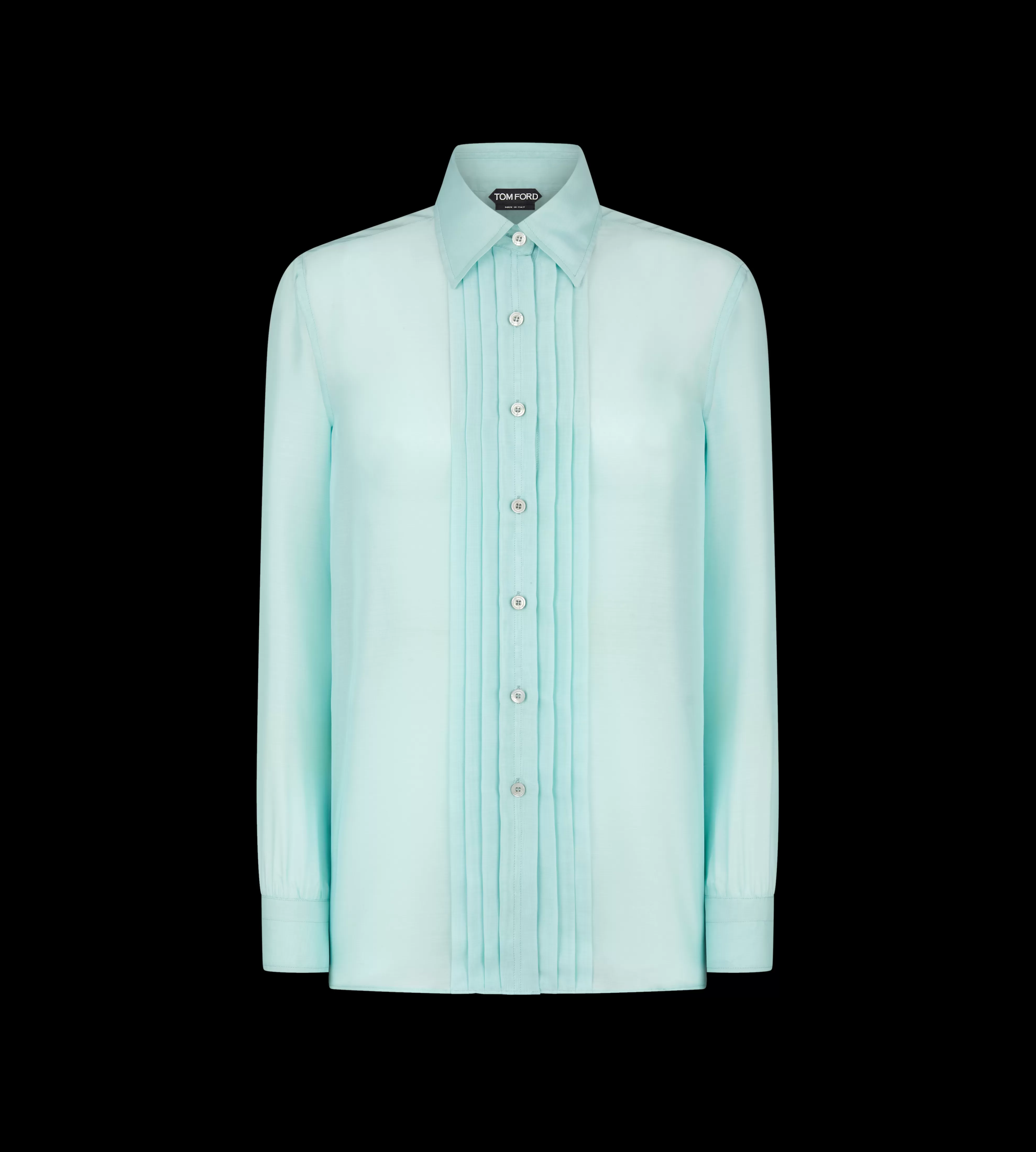 TOM FORD SILK BATISTE SHIRT WITH PLISSE PLASTRON DUSTY AQUA^WOMEN | WOMEN | WOMEN Tops | JETSETTER EDIT | SPRING 24