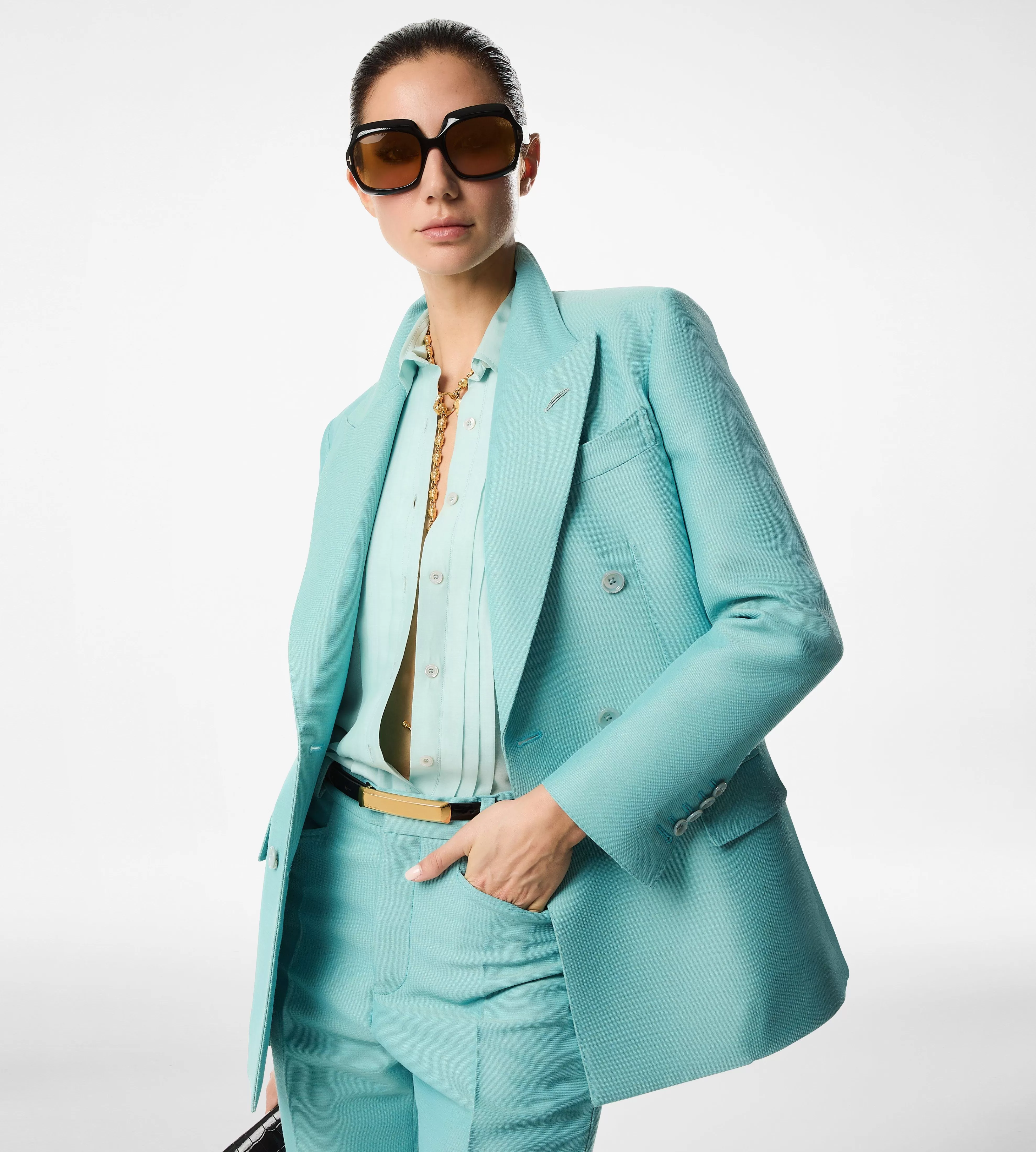 TOM FORD SILK BATISTE SHIRT WITH PLISSE PLASTRON DUSTY AQUA^WOMEN | WOMEN | WOMEN Tops | JETSETTER EDIT | SPRING 24