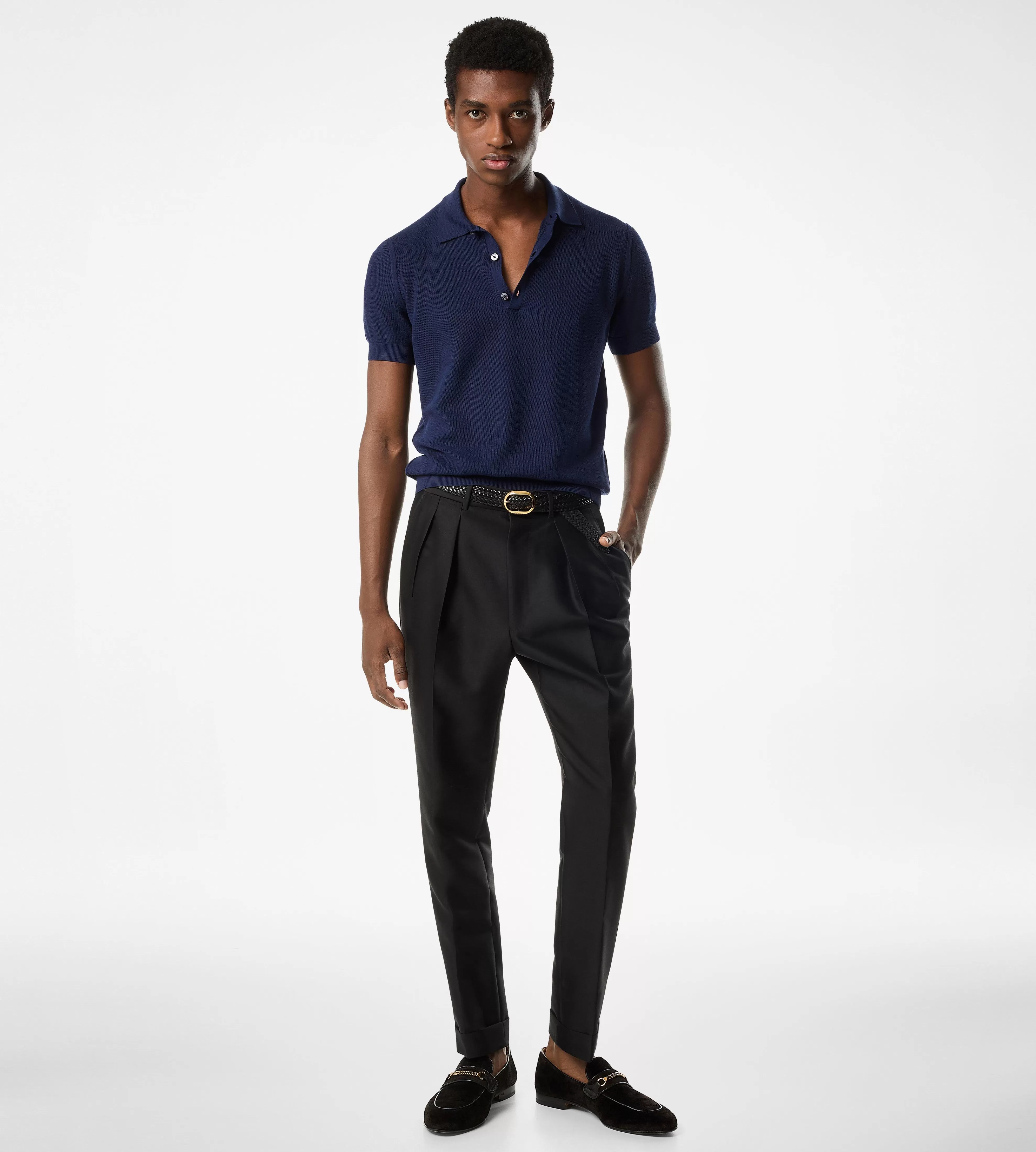 TOM FORD SILK COTTON HONEYCOMB POLO INK BLUE^MEN SPRING 24