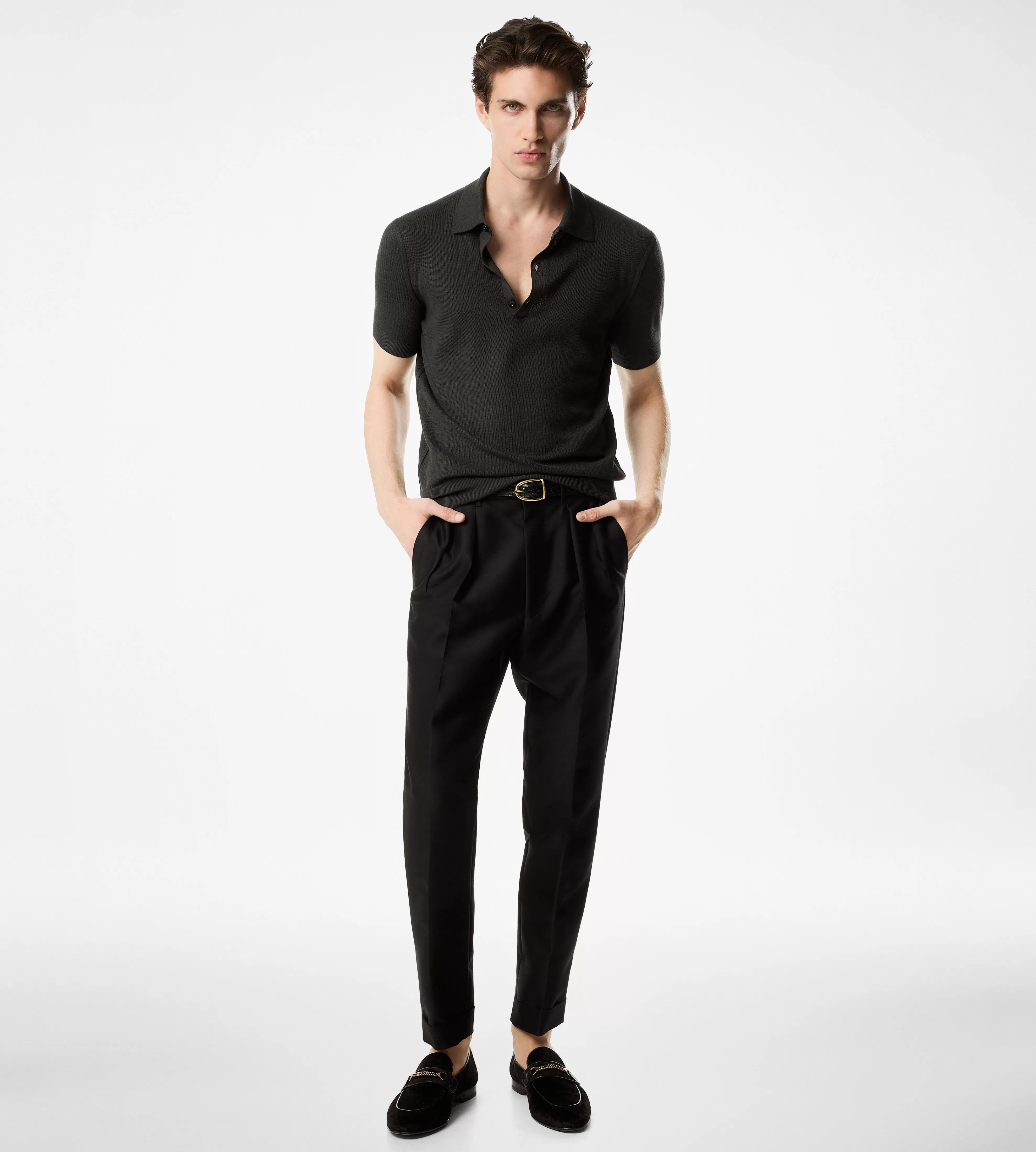 TOM FORD SILK COTTON HONEYCOMB POLO GRAPHITE^MEN SPRING 24