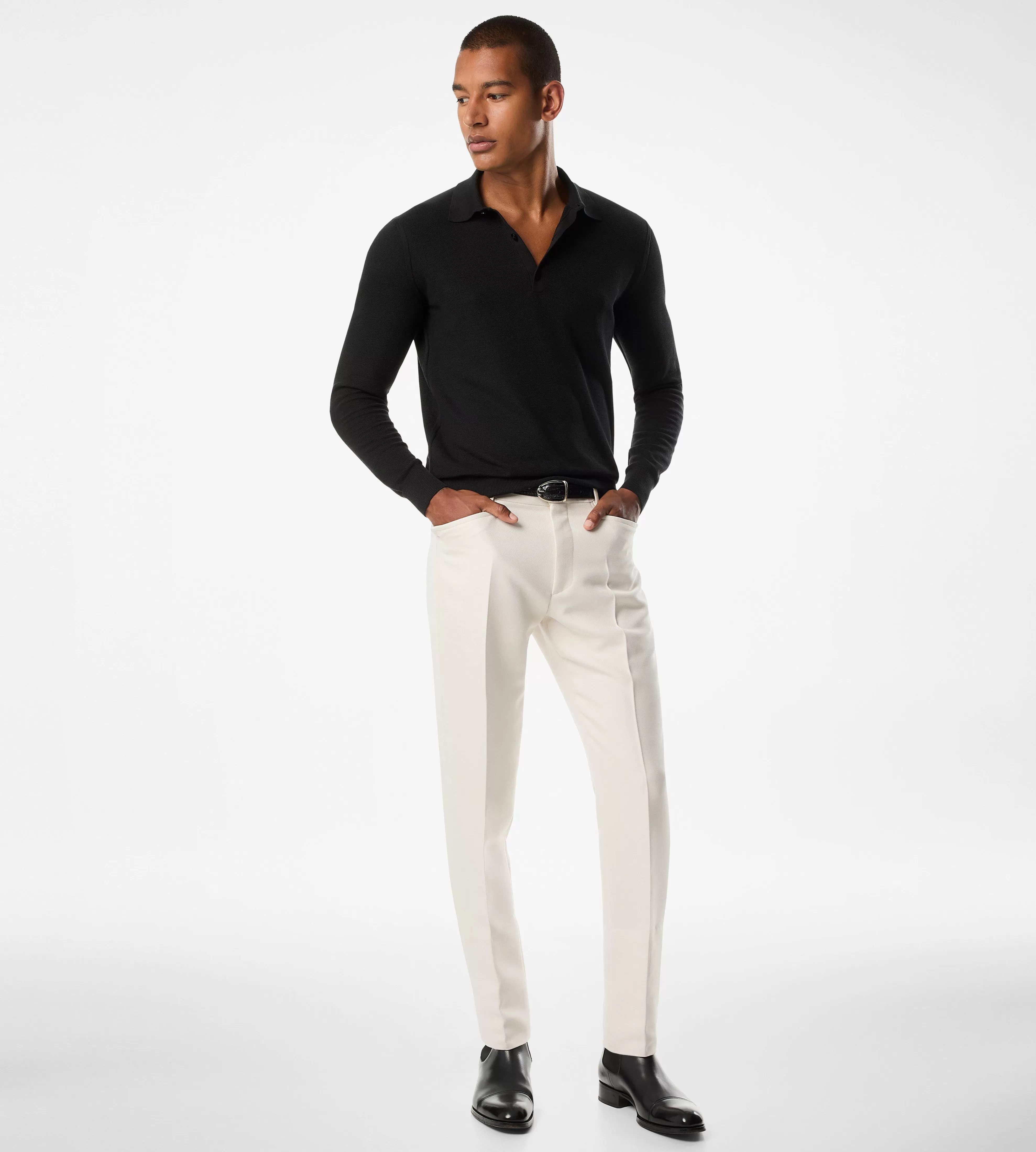 TOM FORD SILK COTTON HONEYCOMB POLO BLACK^MEN SPRING 24