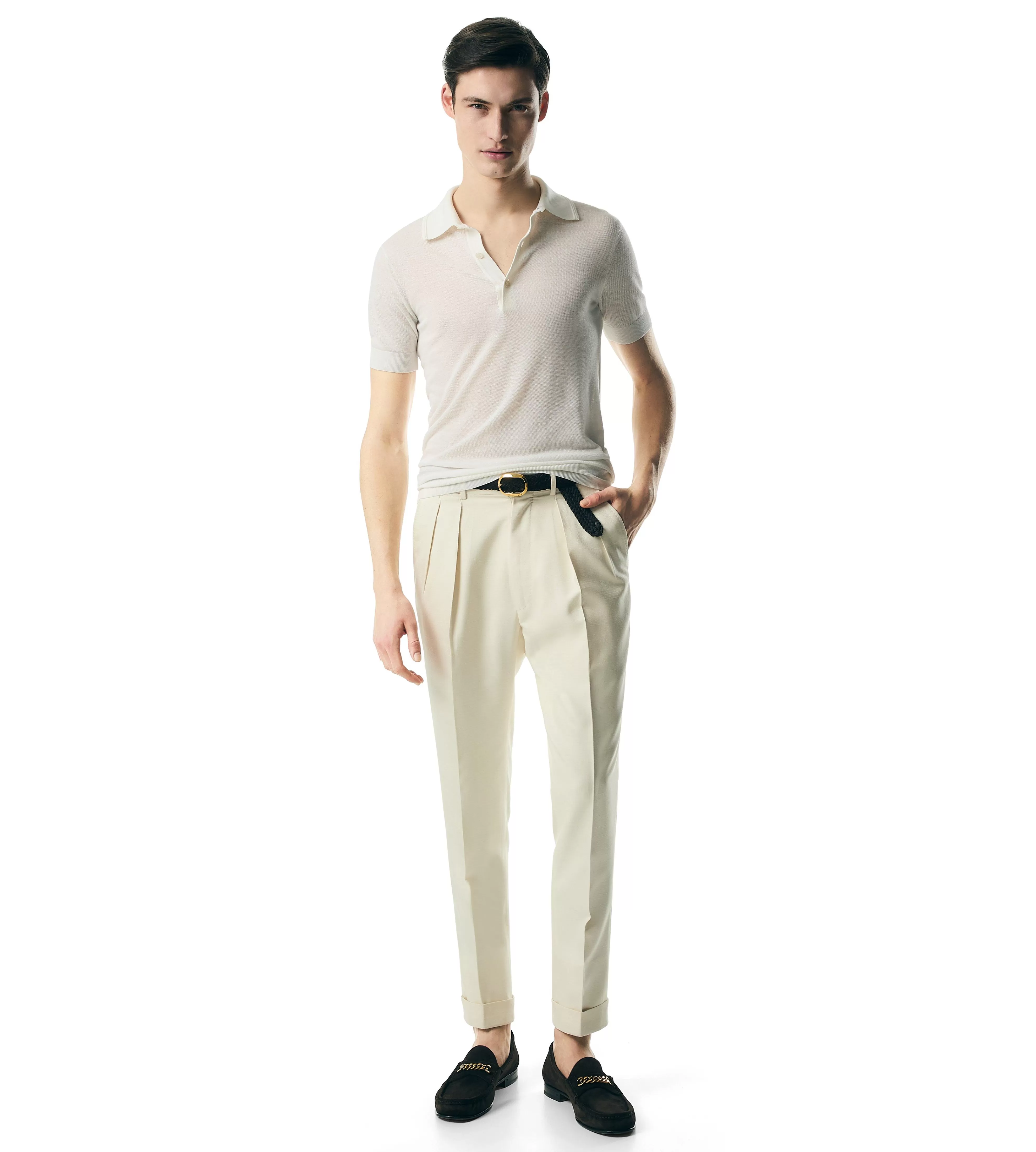 TOM FORD SILK COTTON PIQUET POLO CHALK^MEN Knitwear