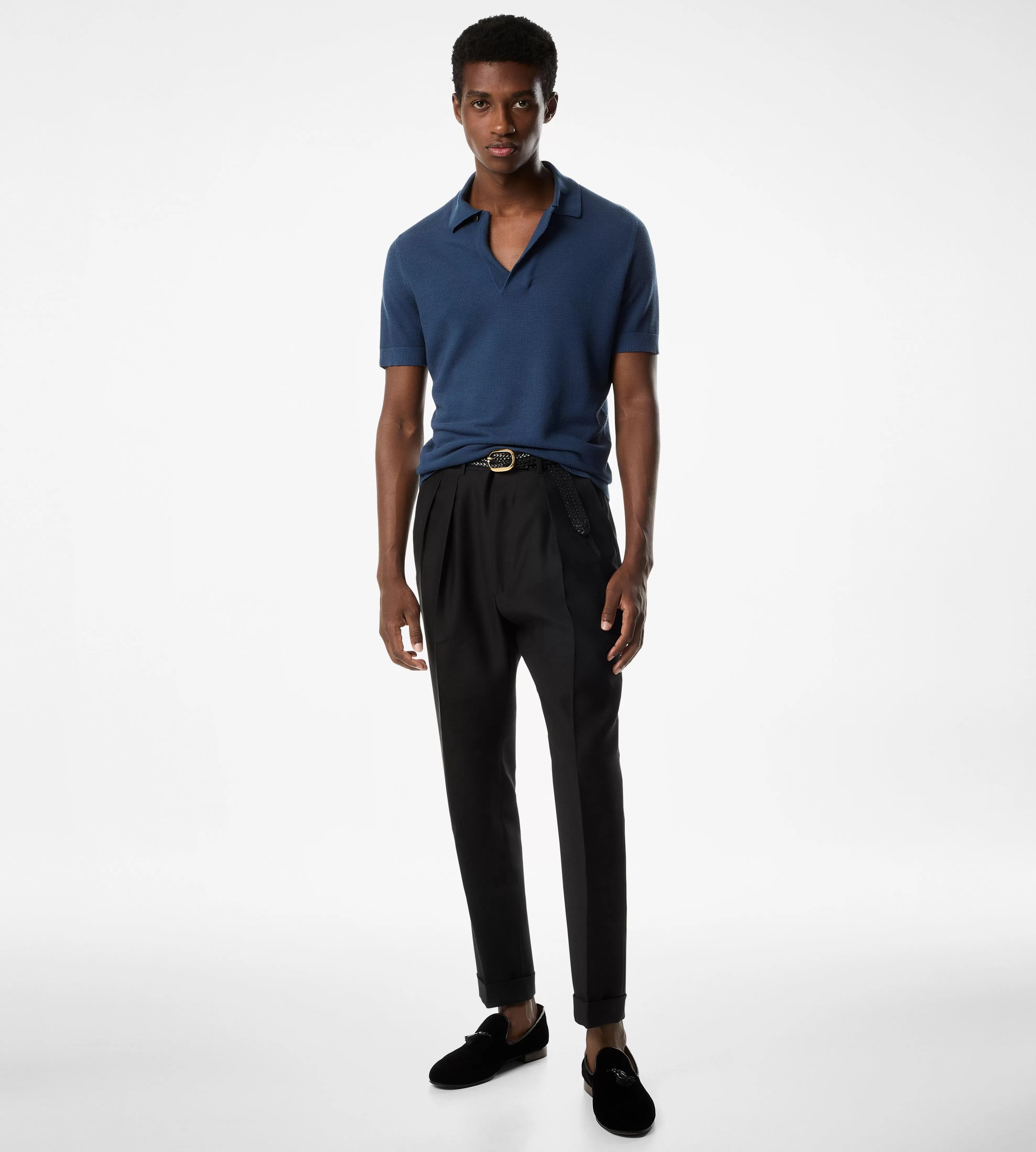 TOM FORD SILK COTTON TEXTURED POLO ADMIRAL BLUE^MEN SPRING 24