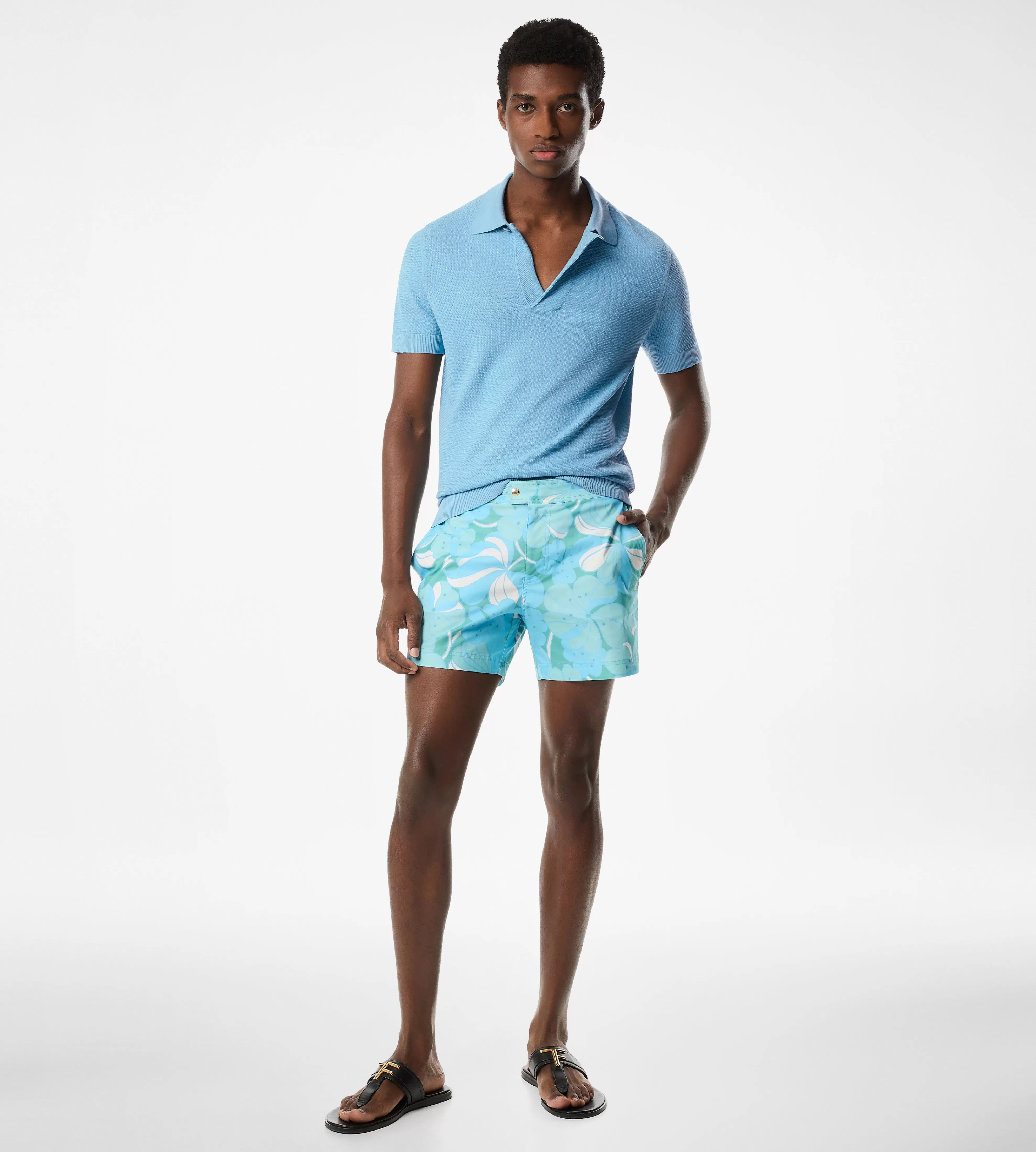 TOM FORD SILK COTTON TEXTURED POLO AQUA^MEN SPRING 24