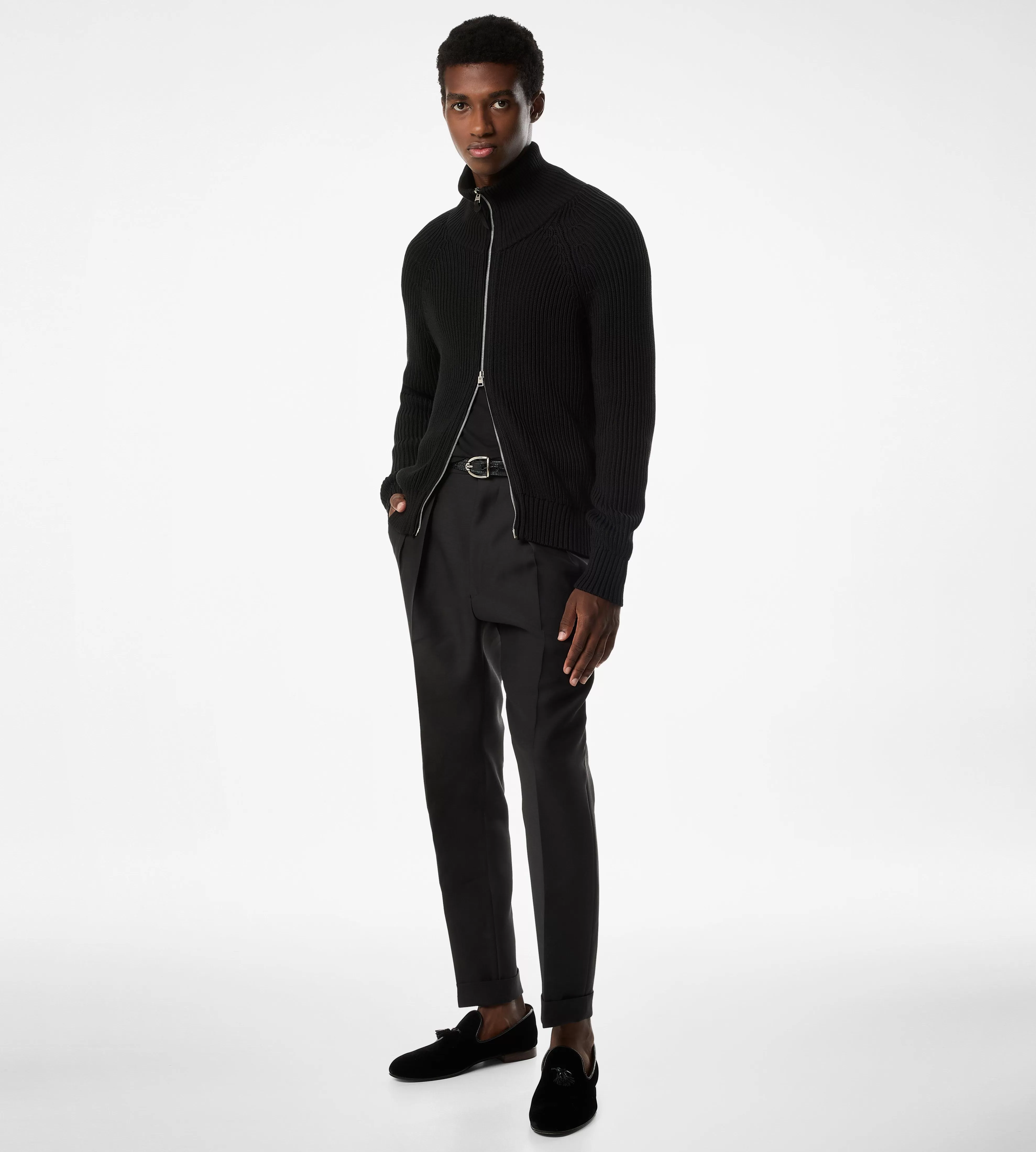 TOM FORD SILK COTTON ZIP FUNNEL NECK BLACK^MEN | MEN Knitwear | SPRING 24