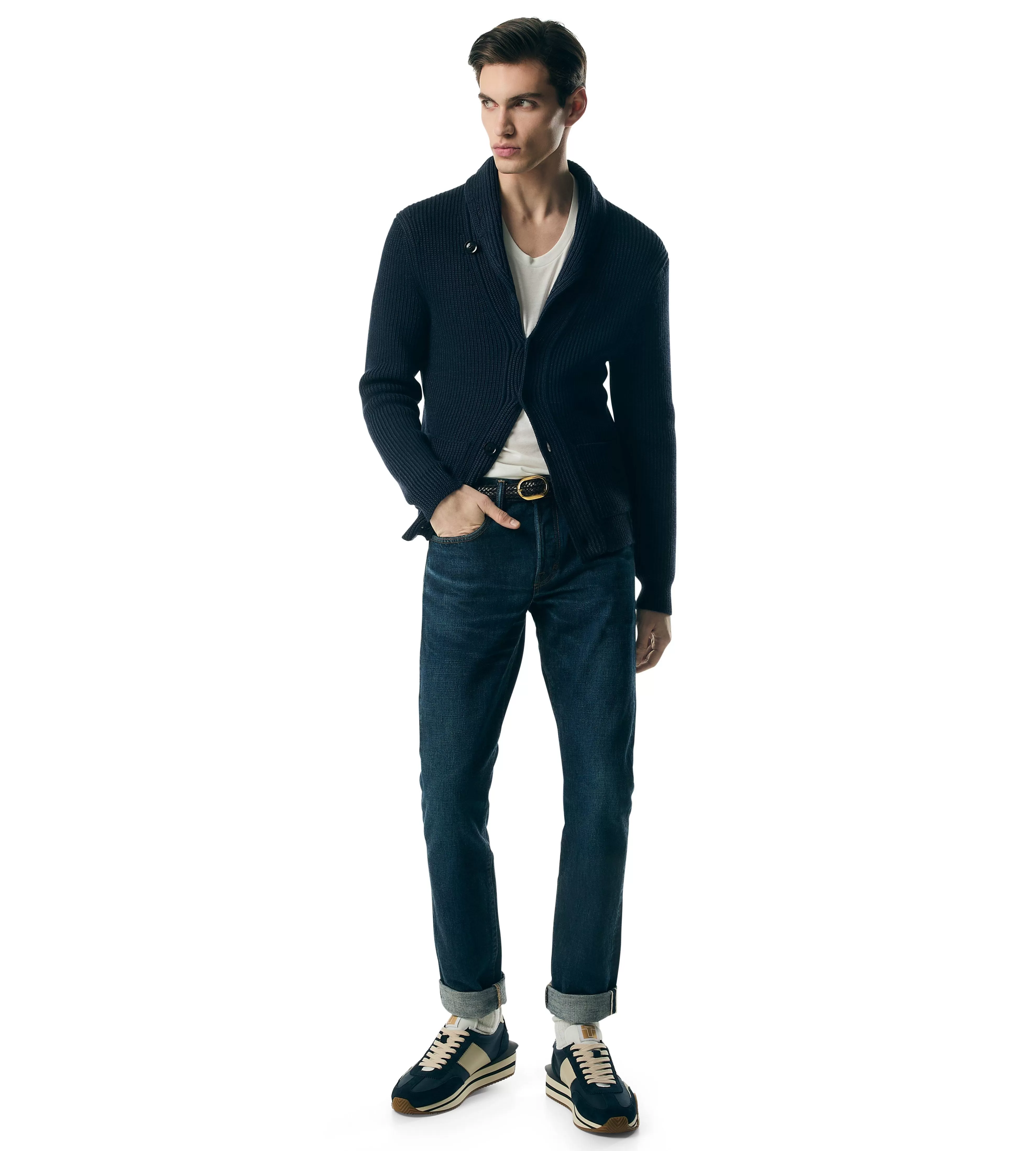 TOM FORD SILK MERINO SHAWL COLLAR CARDIGAN MIDNIGHT BLUE^MEN Knitwear