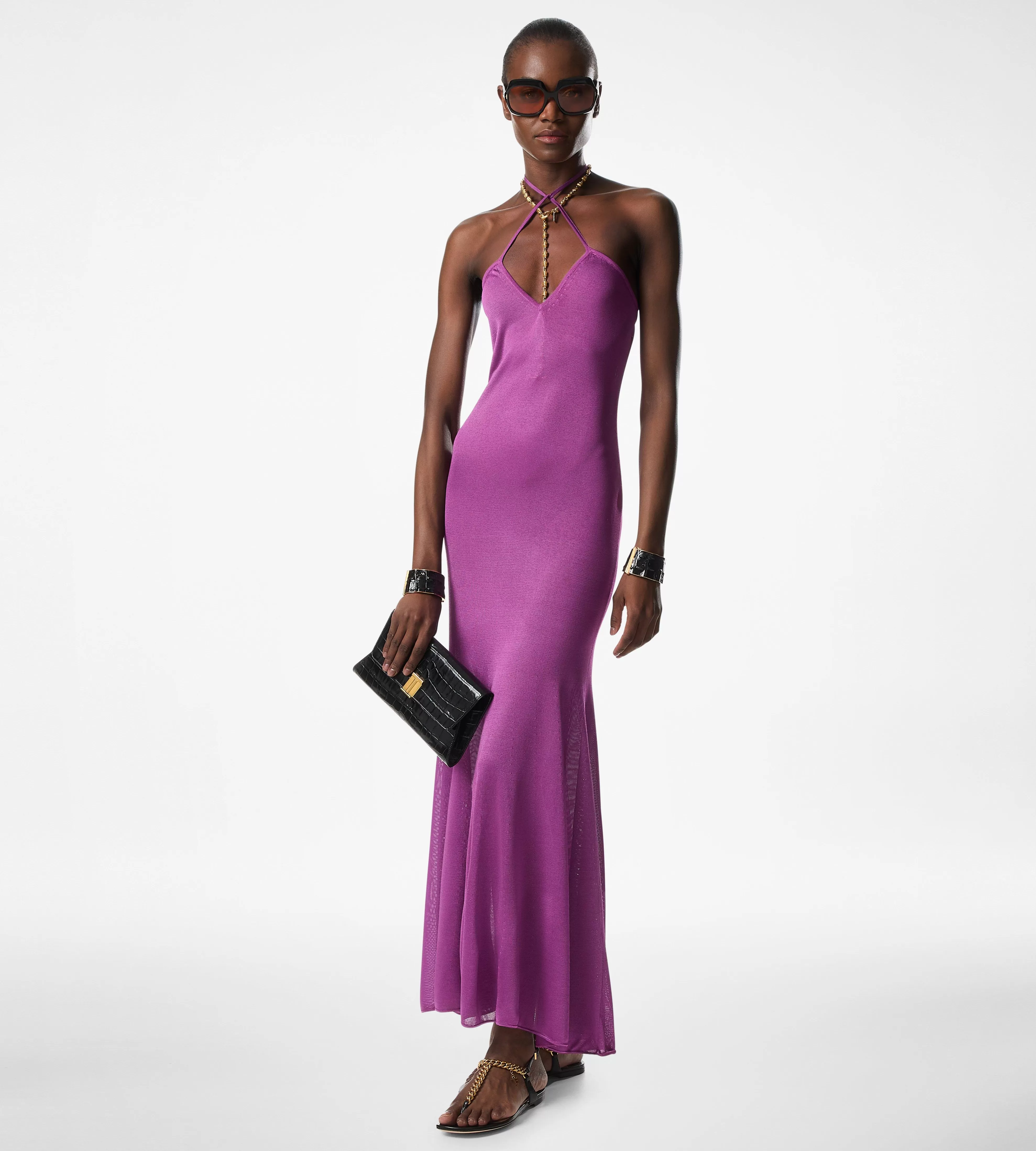 TOM FORD SLINKY VISCOSE JERSEY KNIT HALTERNECK MAXI DRESS FUSCHIA^WOMEN SPRING 24