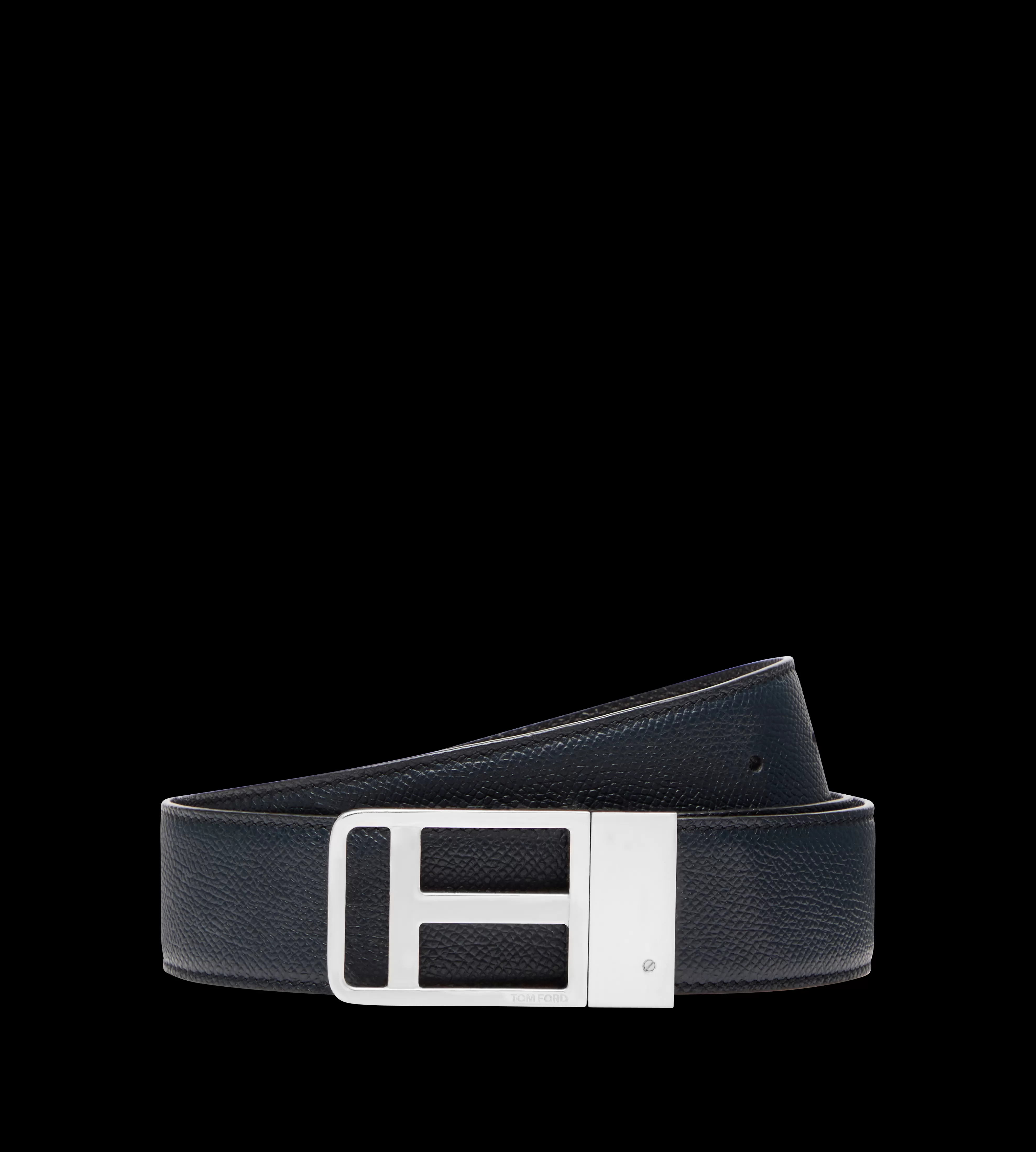 TOM FORD SMALL GRAIN LEATHER FRAMED T BELT DARK NAVY + BLACK^MEN | MEN Belts | SPRING 24