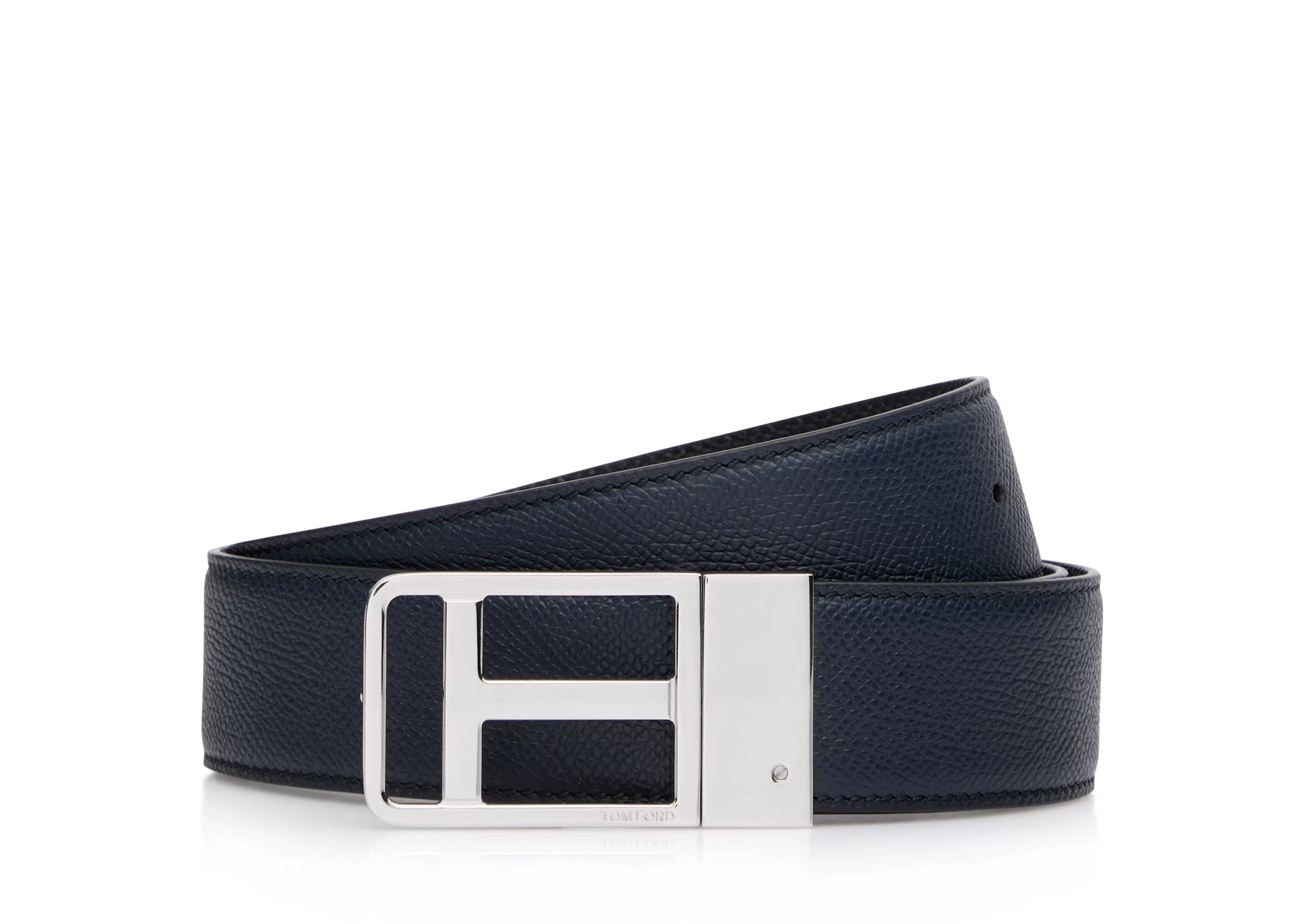 TOM FORD SMALL GRAIN LEATHER REVERSIBLE FRAMED T BELT MIDNIGHT BLUE + BLACK^MEN Belts