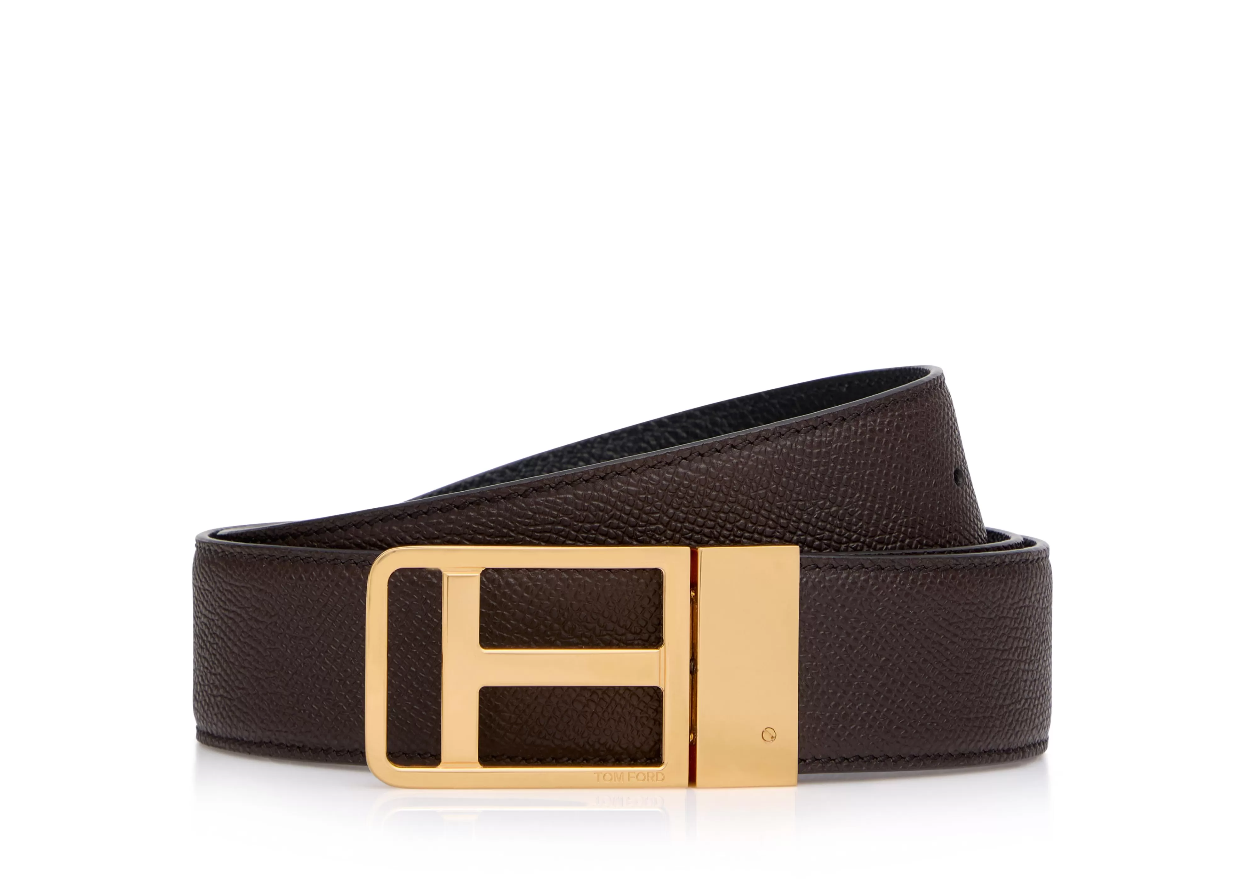 TOM FORD SMALL GRAIN LEATHER REVERSIBLE FRAMED T BELT BROWN + BLACK^MEN Belts