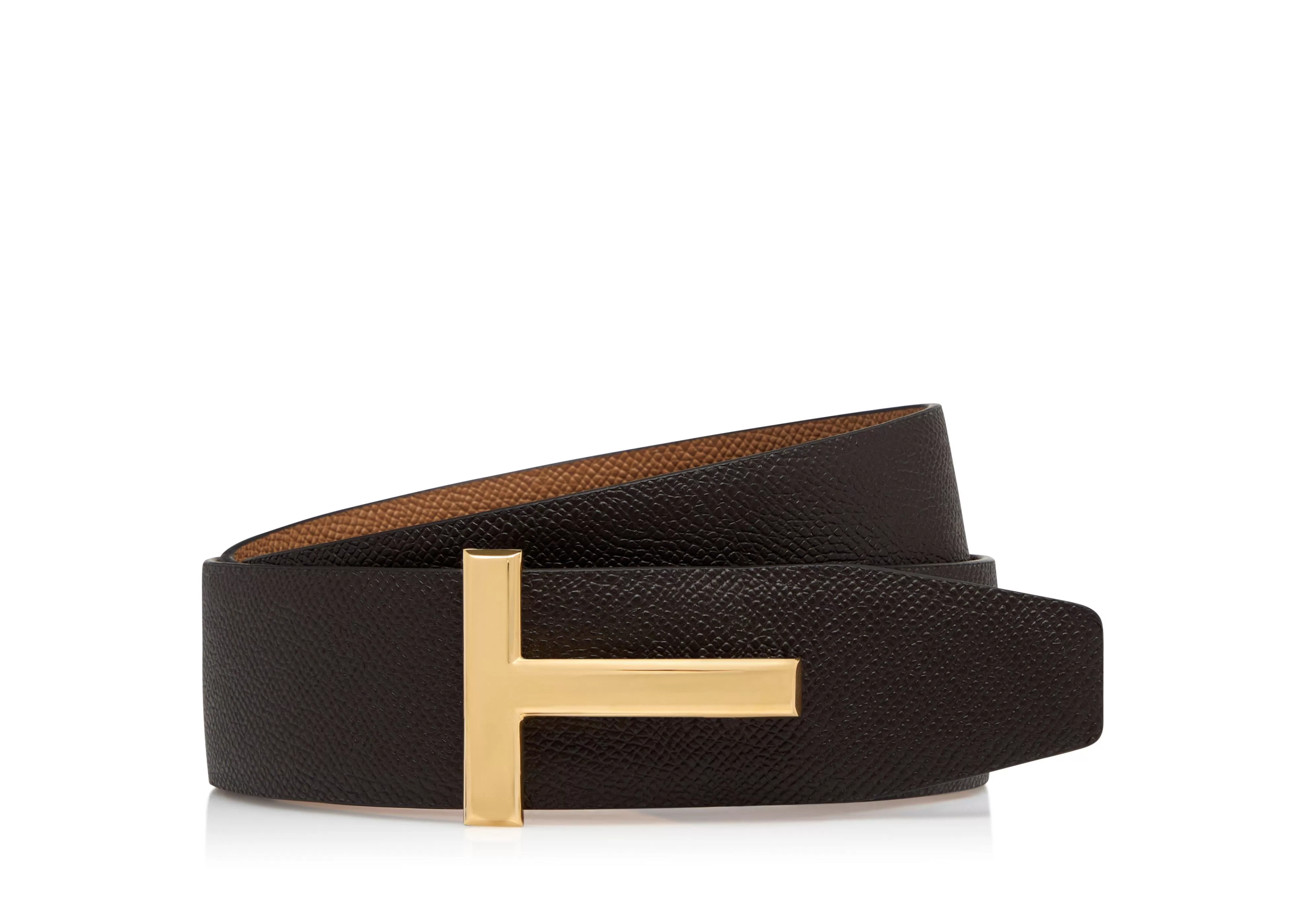 TOM FORD SMALL GRAIN LEATHER T ICON BELT CHOCOLATE + ALMOND^MEN Belts