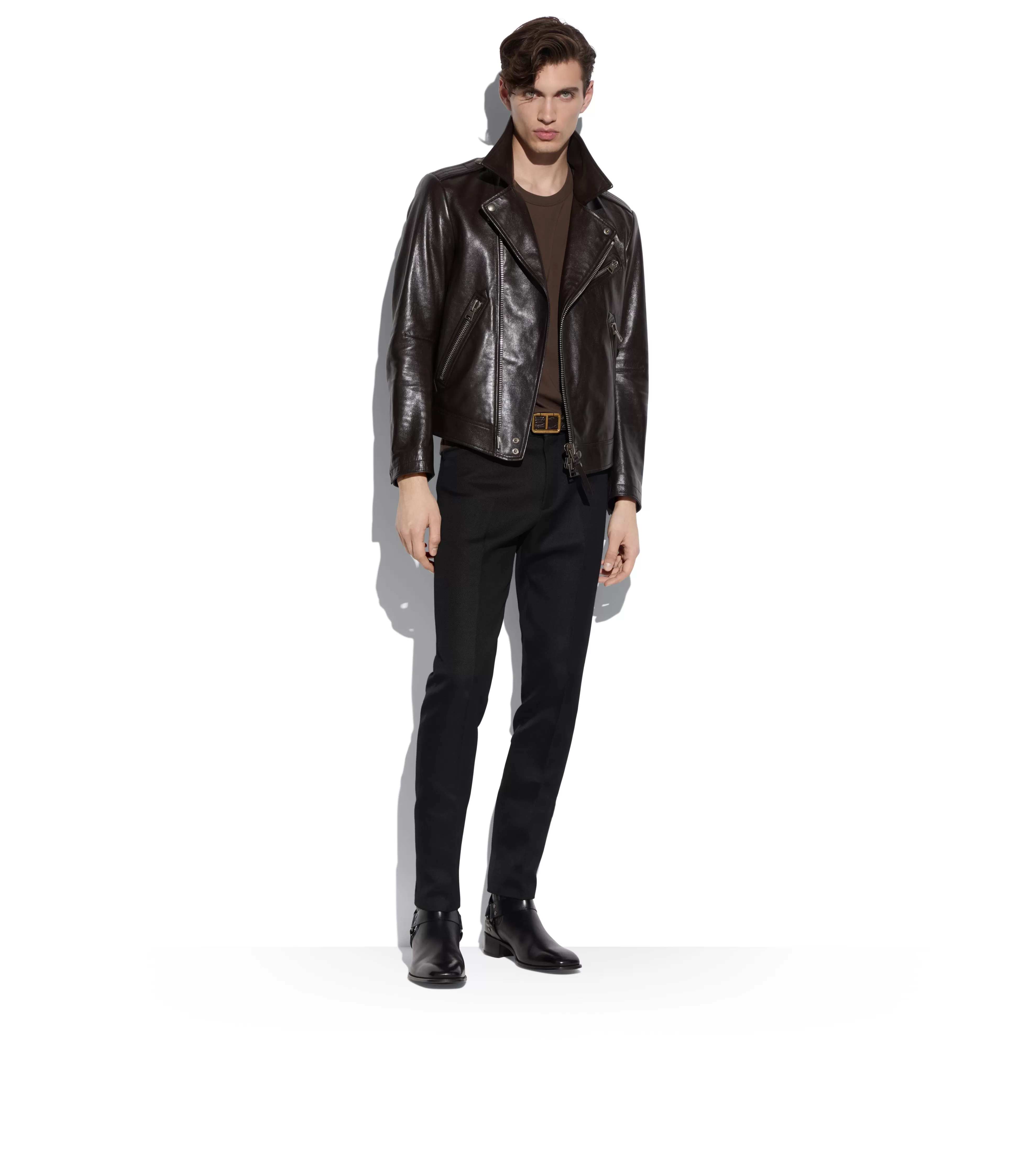 TOM FORD SMOOTH GRAIN ASYMMETRIC BIKER EBONY^MEN Outerwear