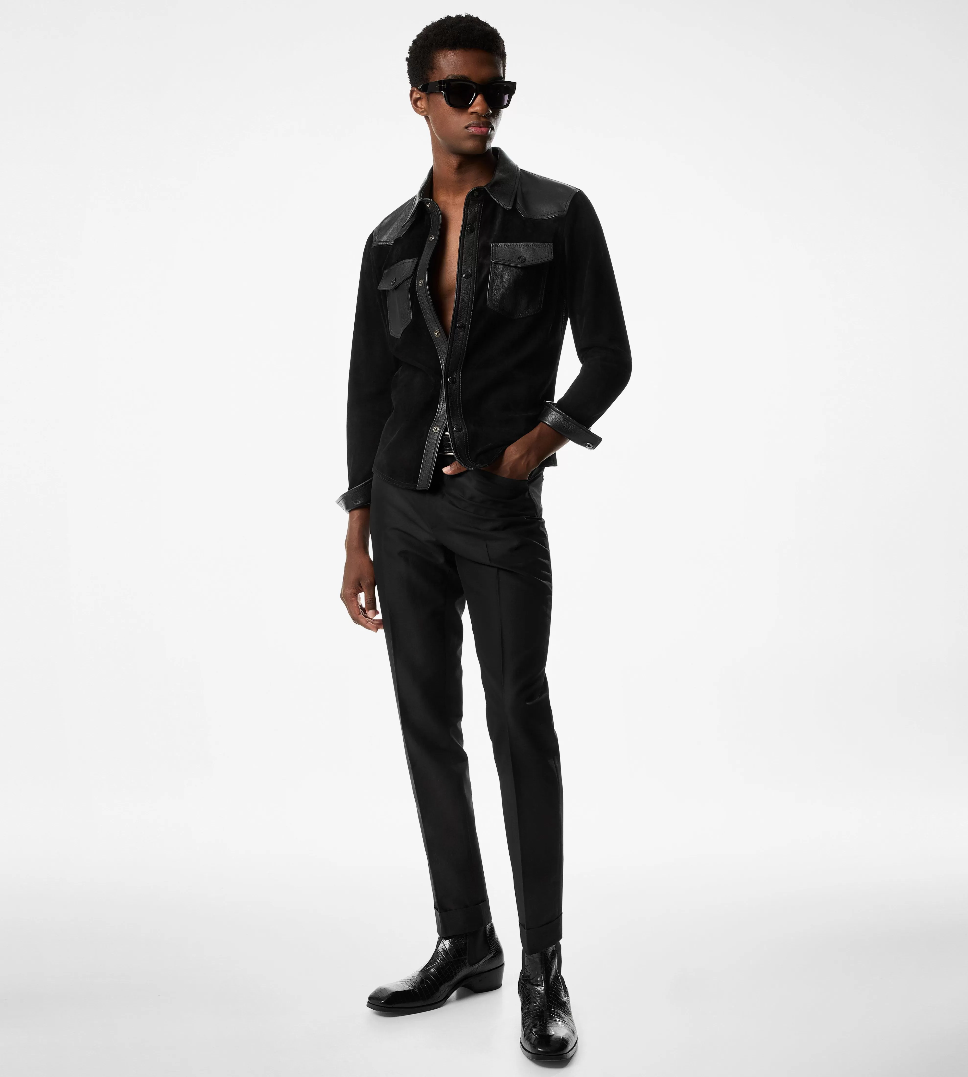 TOM FORD SOFT SUEDE CONTRAST WESTERN SHIRT BLACK^MEN Shirts