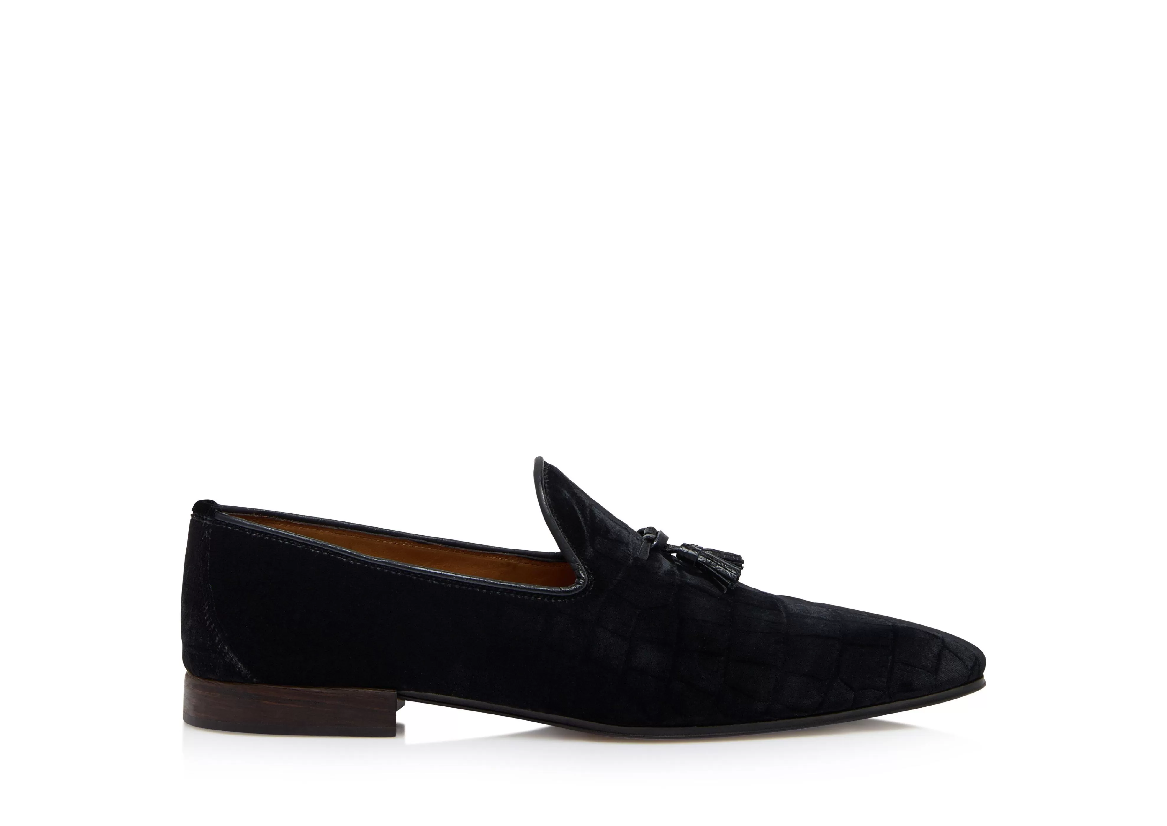 TOM FORD STAMPED CROC VELVET BAILEY TASSEL SLIPPER BLACK^MEN Loafers