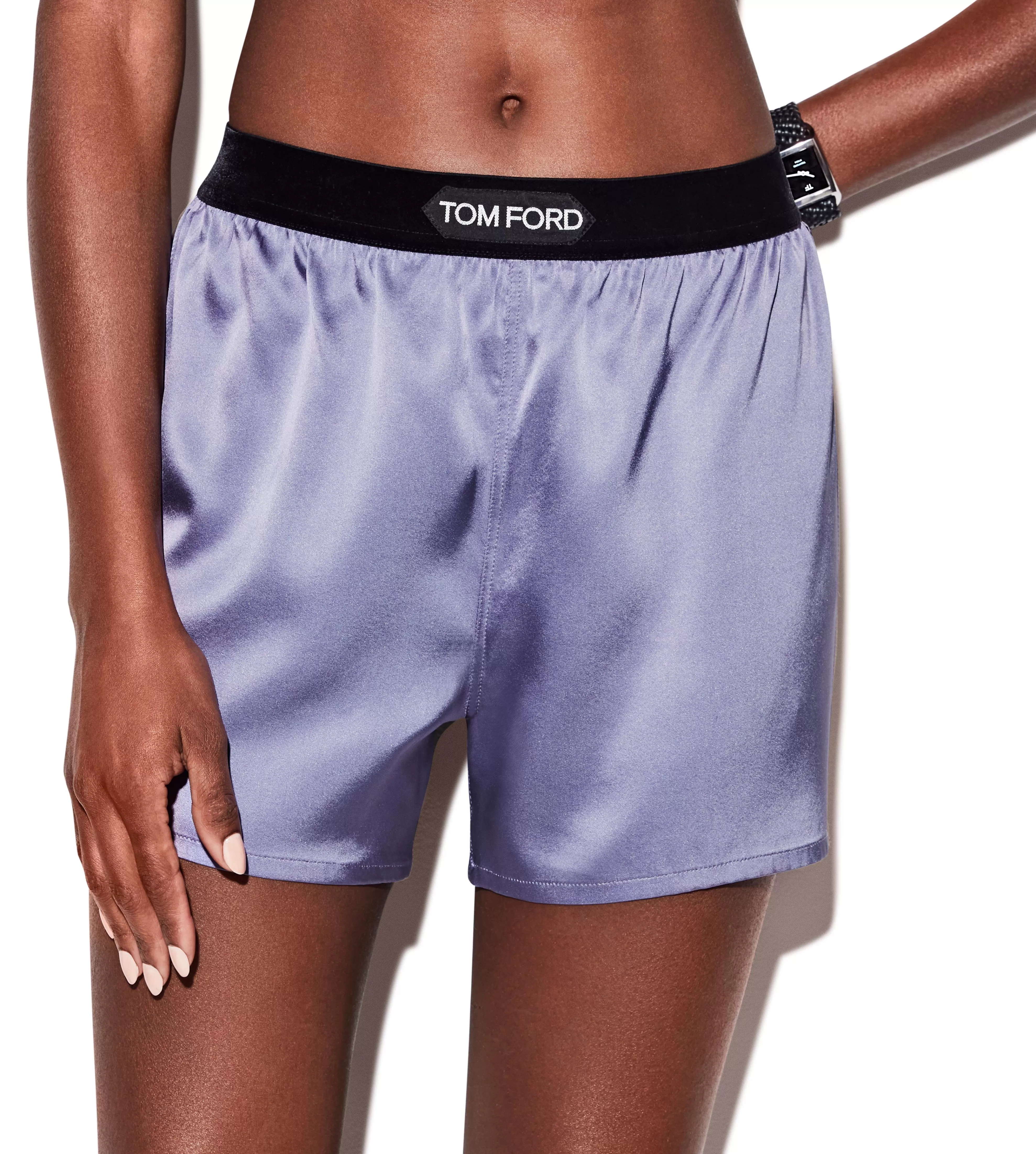 TOM FORD STRETCH SILK SATIN BOXER SHORTS PALE PARMA VIOLET^WOMEN Bottoms