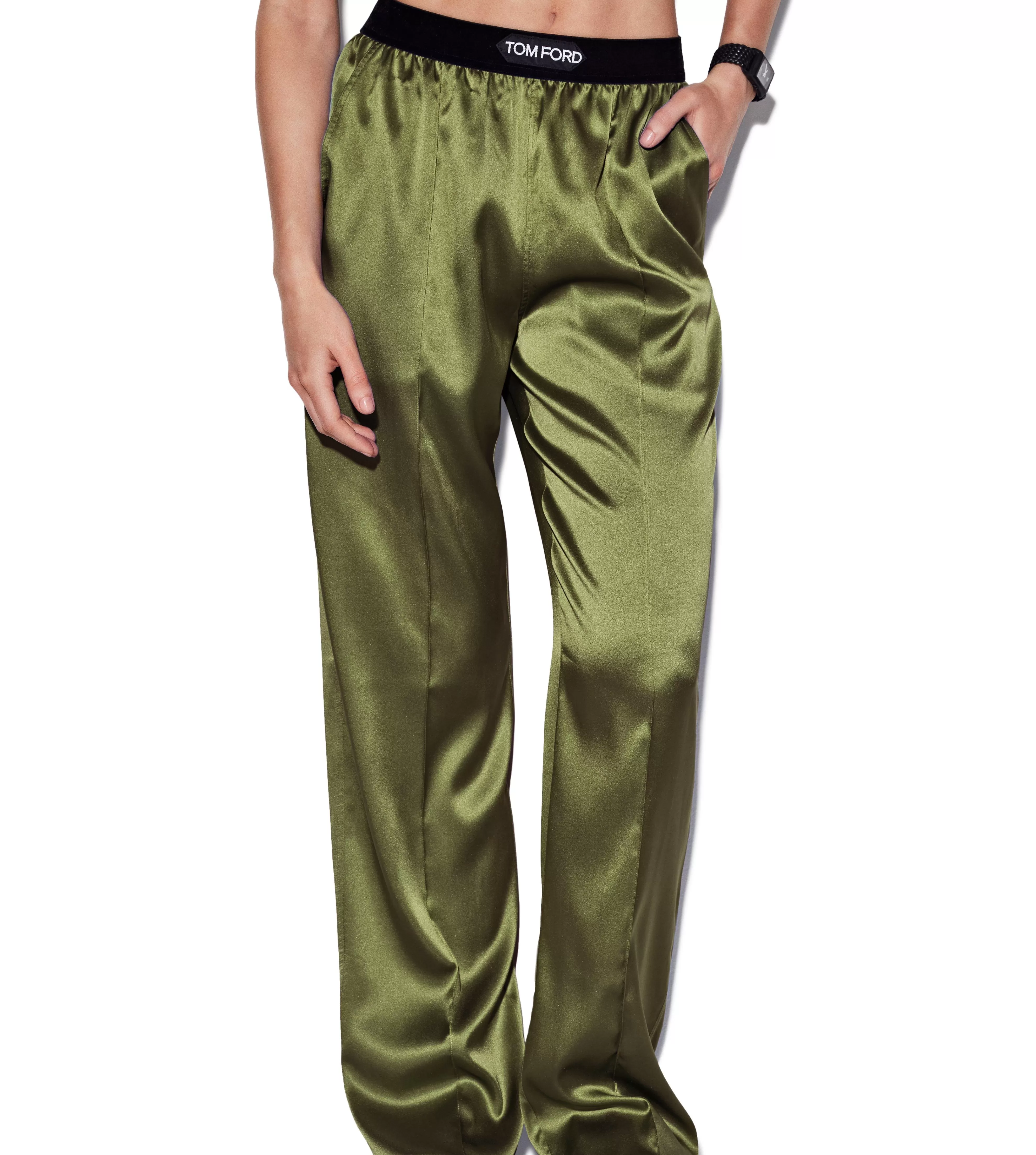 TOM FORD STRETCH SILK SATIN PJ PANTS ARMY GREEN^WOMEN | WOMEN Pajamas & Robes | Bottoms