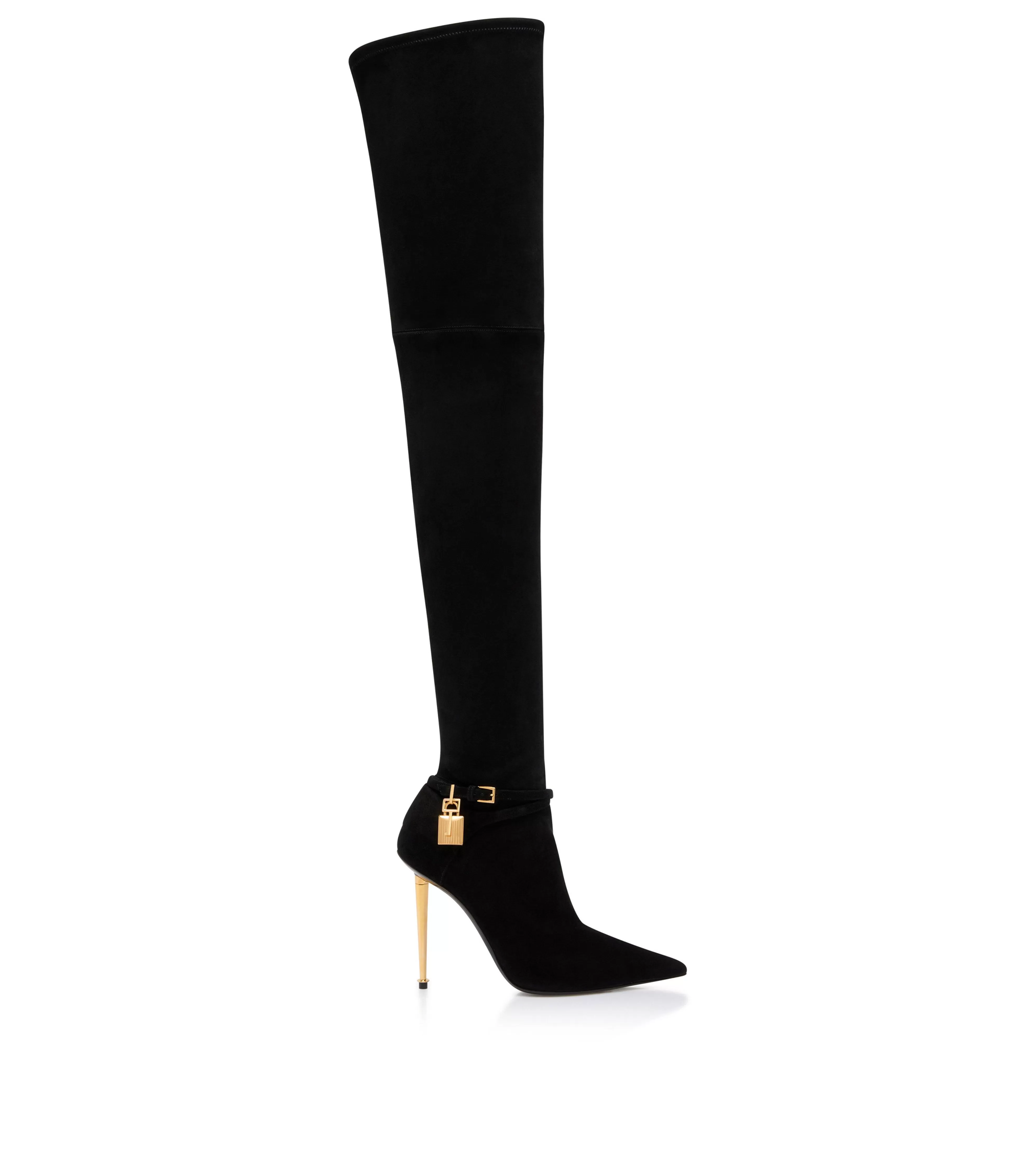 TOM FORD STRETCH SUEDE LEATHER  PADLOCK OVER THE KNEE BOOT BLACK^WOMEN | WOMEN Boots | The Padlock