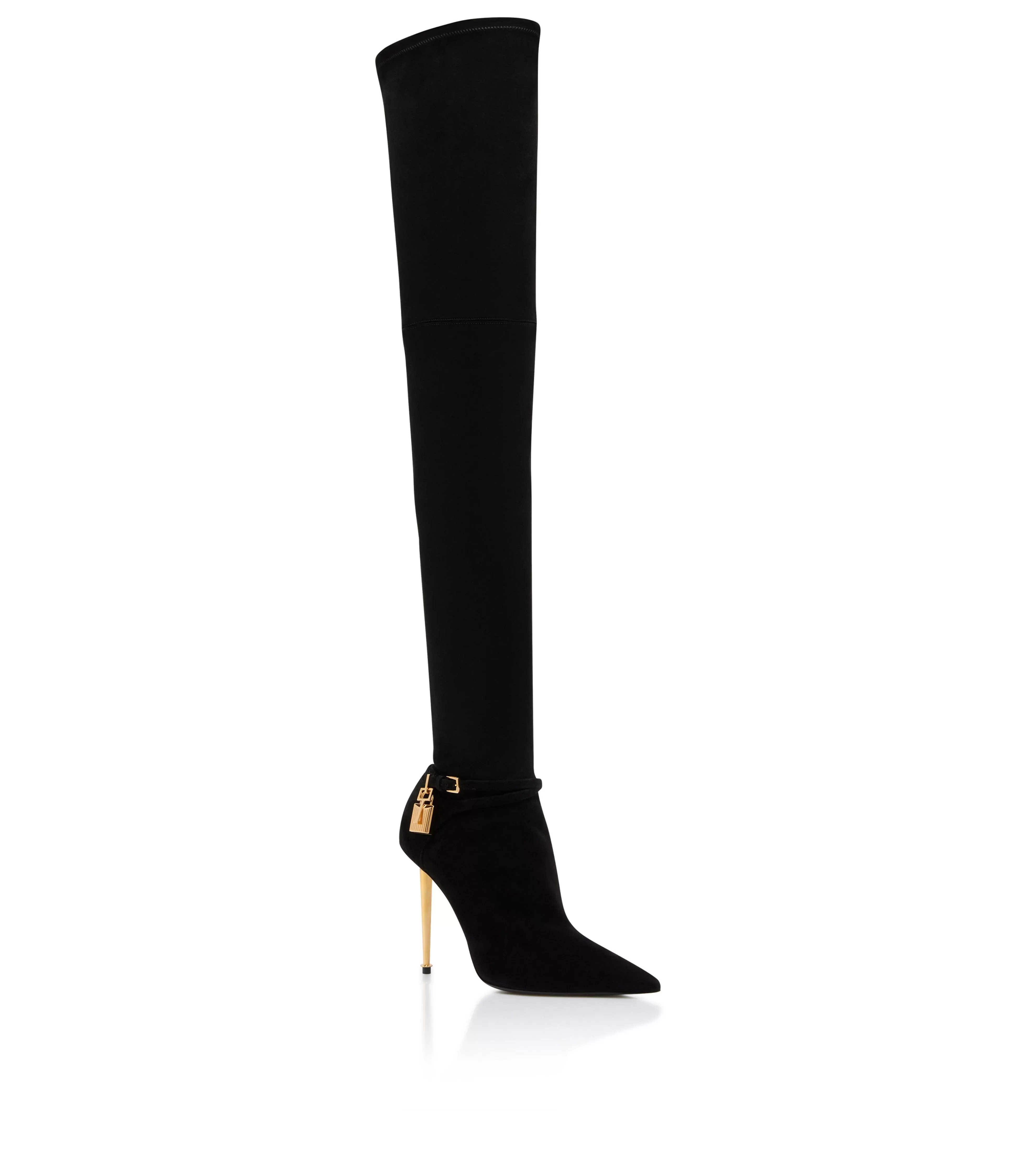 TOM FORD STRETCH SUEDE LEATHER  PADLOCK OVER THE KNEE BOOT BLACK^WOMEN | WOMEN Boots | The Padlock