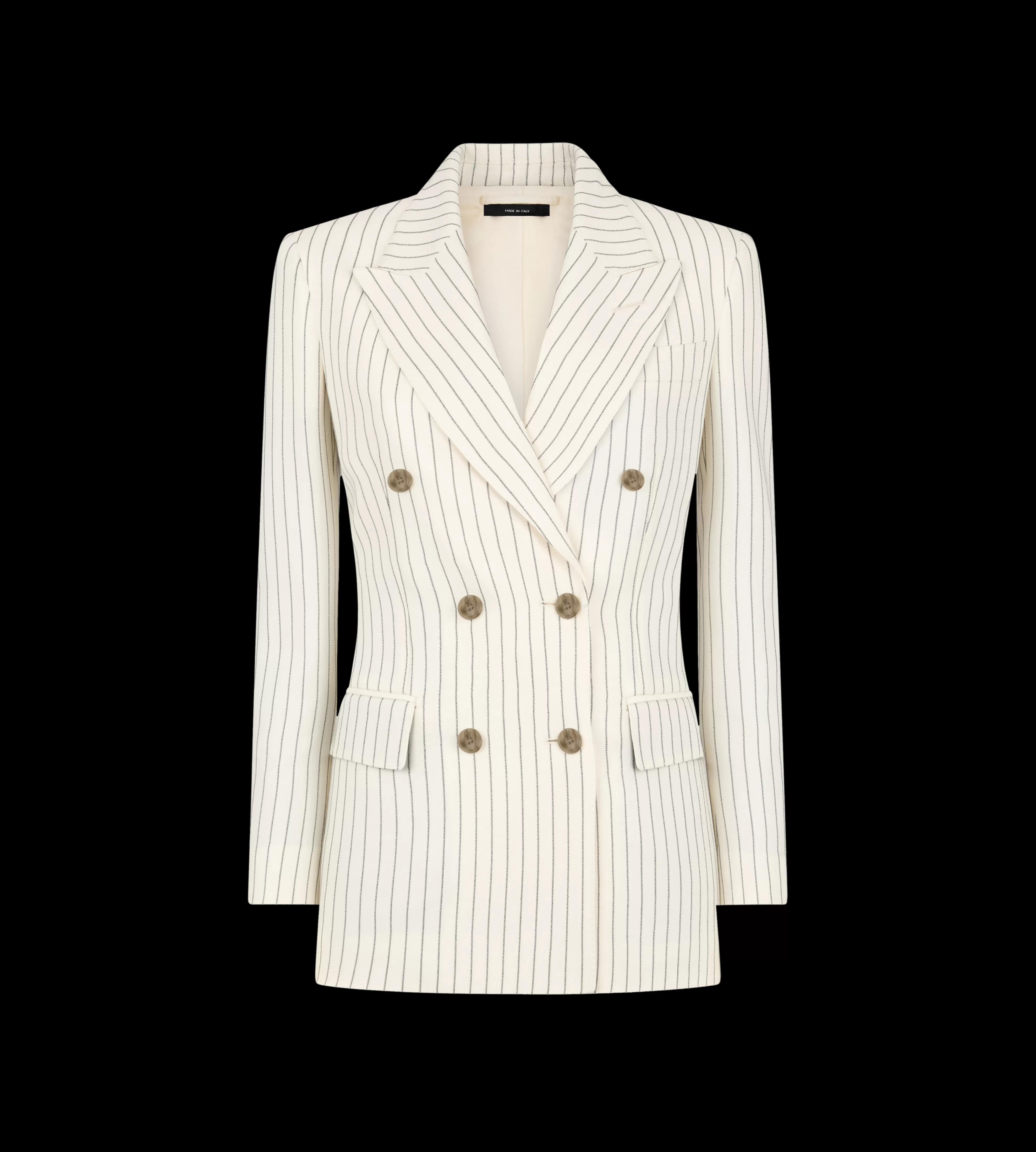 TOM FORD STRIPED WOOL AND SILK BLEND "WALLIS" DOUBLE BREASTED JACKET ECRU BLACK^WOMEN | WOMEN SPRING 24 | Jackets