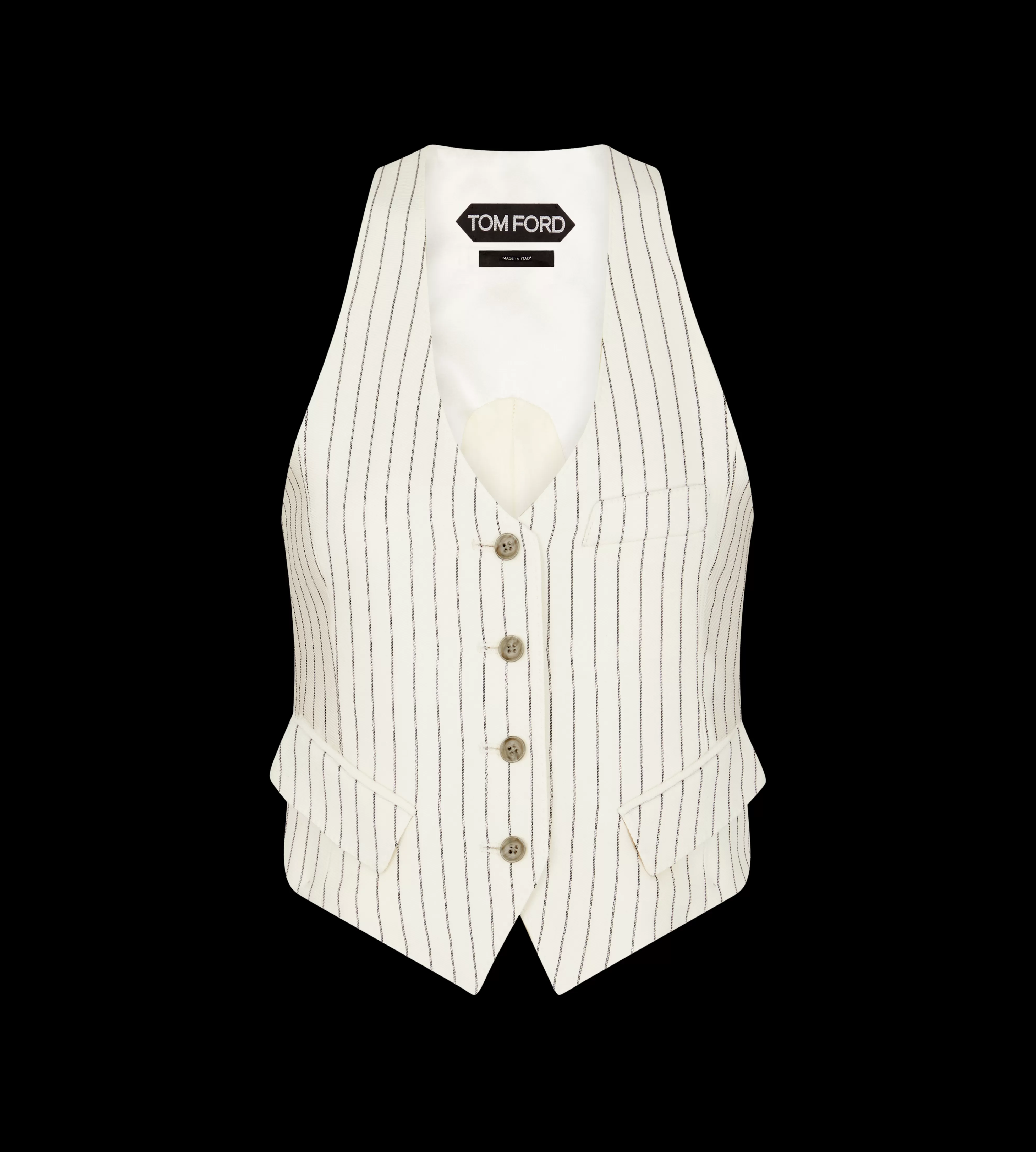 TOM FORD STRIPED WOOL AND SILK BLEND WAISTCOAT ECRU BLACK^WOMEN | WOMEN Tops | SPRING 24