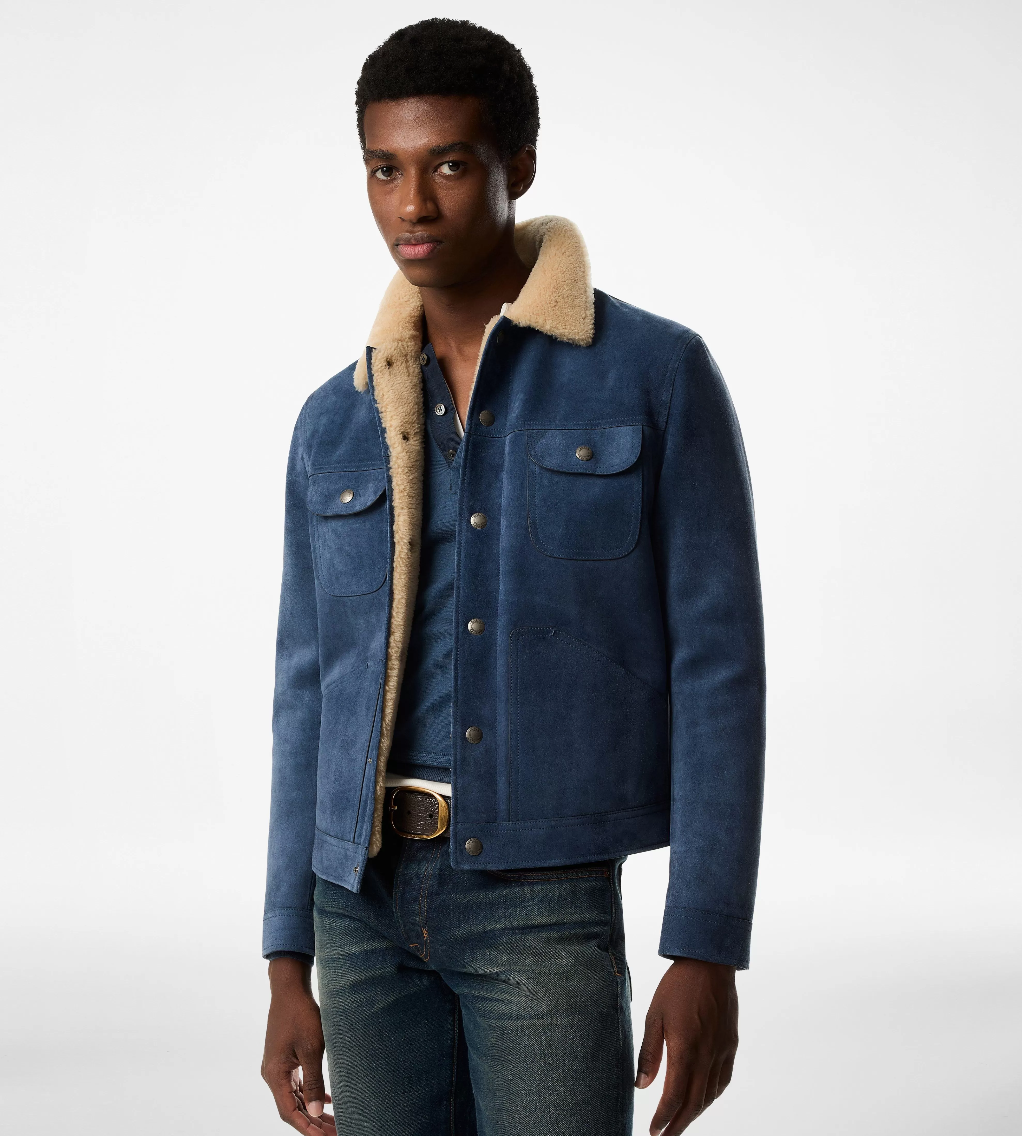 TOM FORD SUEDE SHEARLING TRUCKER BLUE INDIGO^MEN | MEN Outerwear | SPRING 24