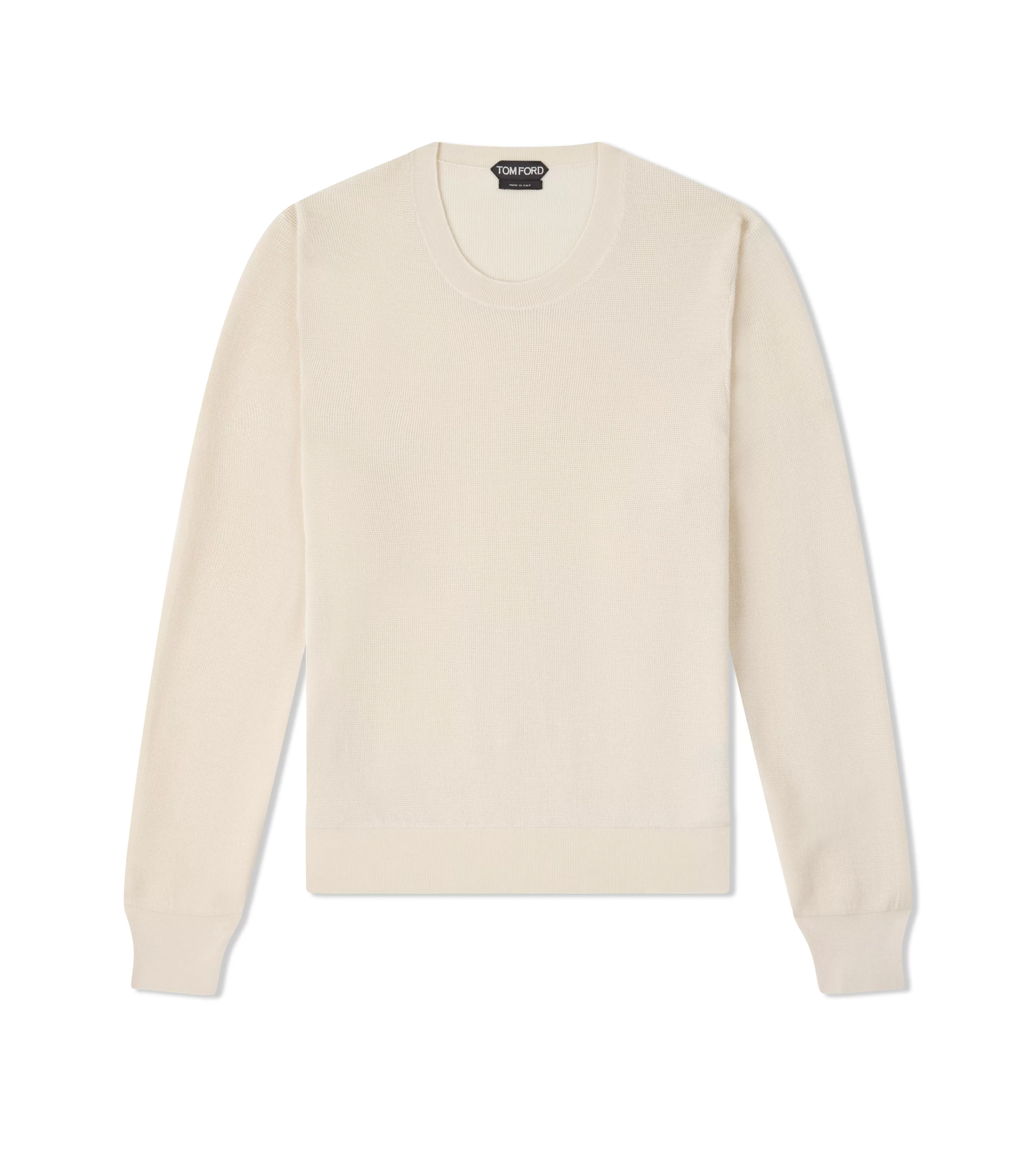 TOM FORD TEXTURED SILK MERINO CREW NECK CHALK^MEN Knitwear