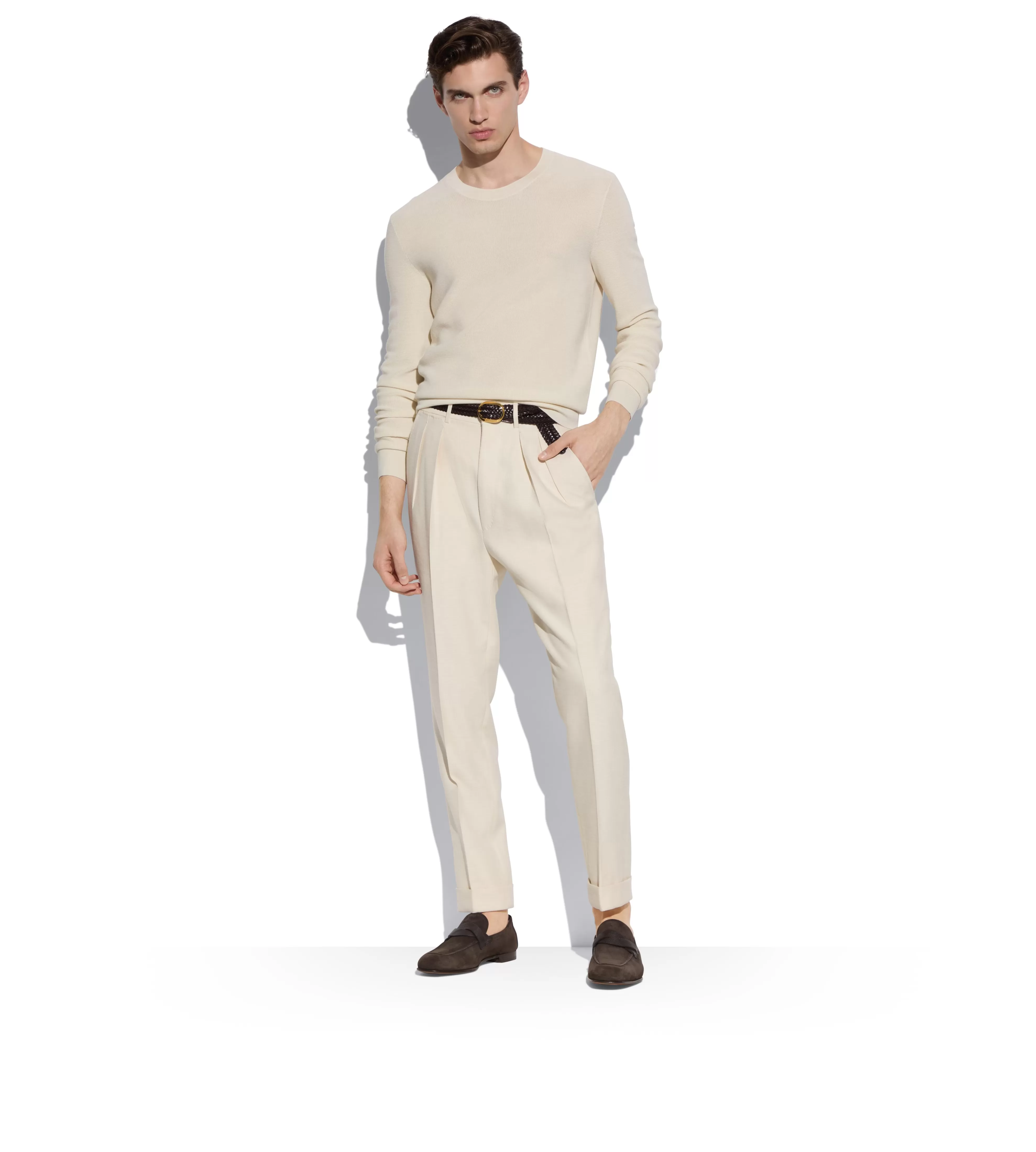 TOM FORD TEXTURED SILK MERINO CREW NECK CHALK^MEN Knitwear