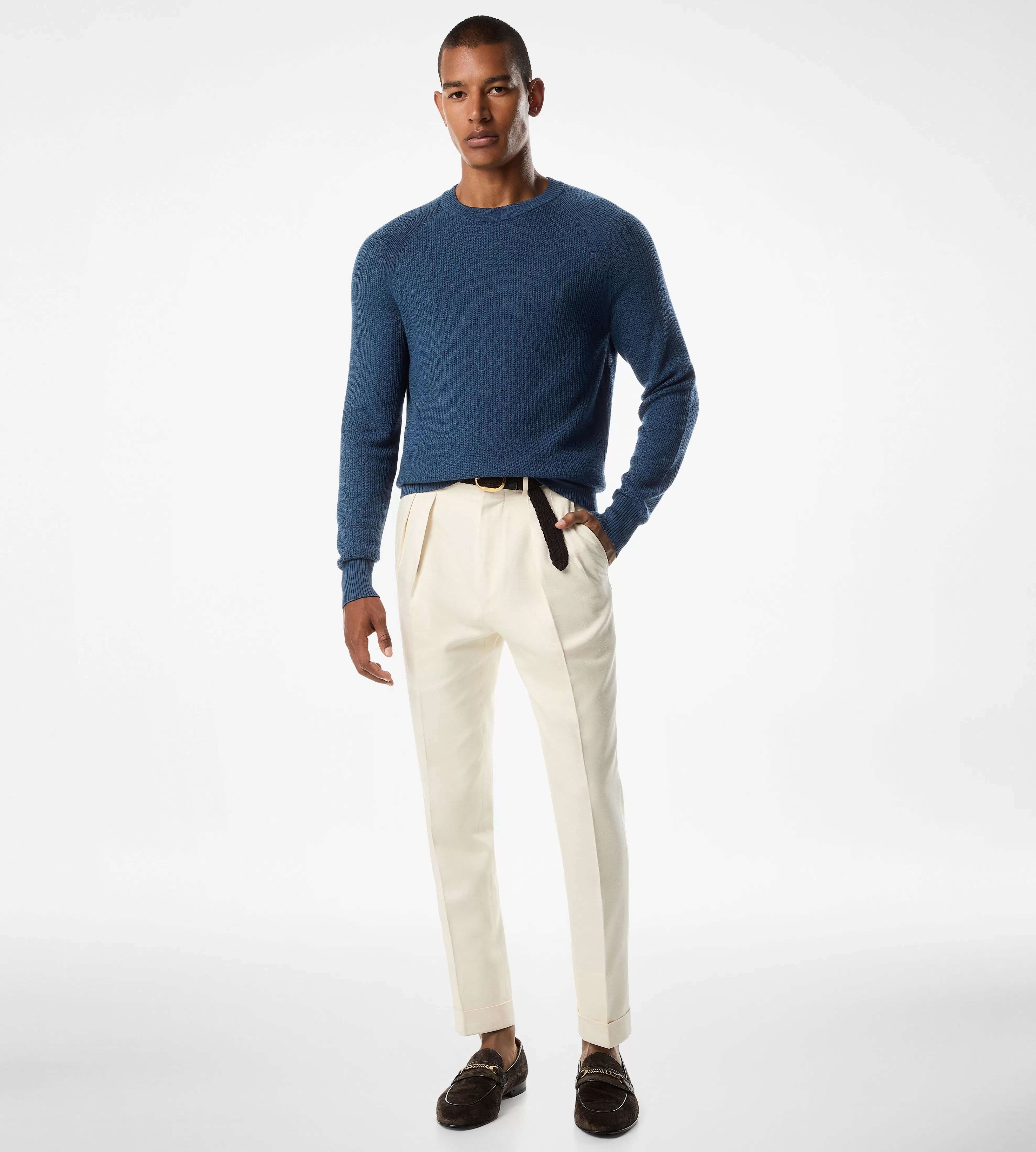 TOM FORD TEXTURED STITCH CREWNECK ROYAL BLUE^MEN SPRING 24