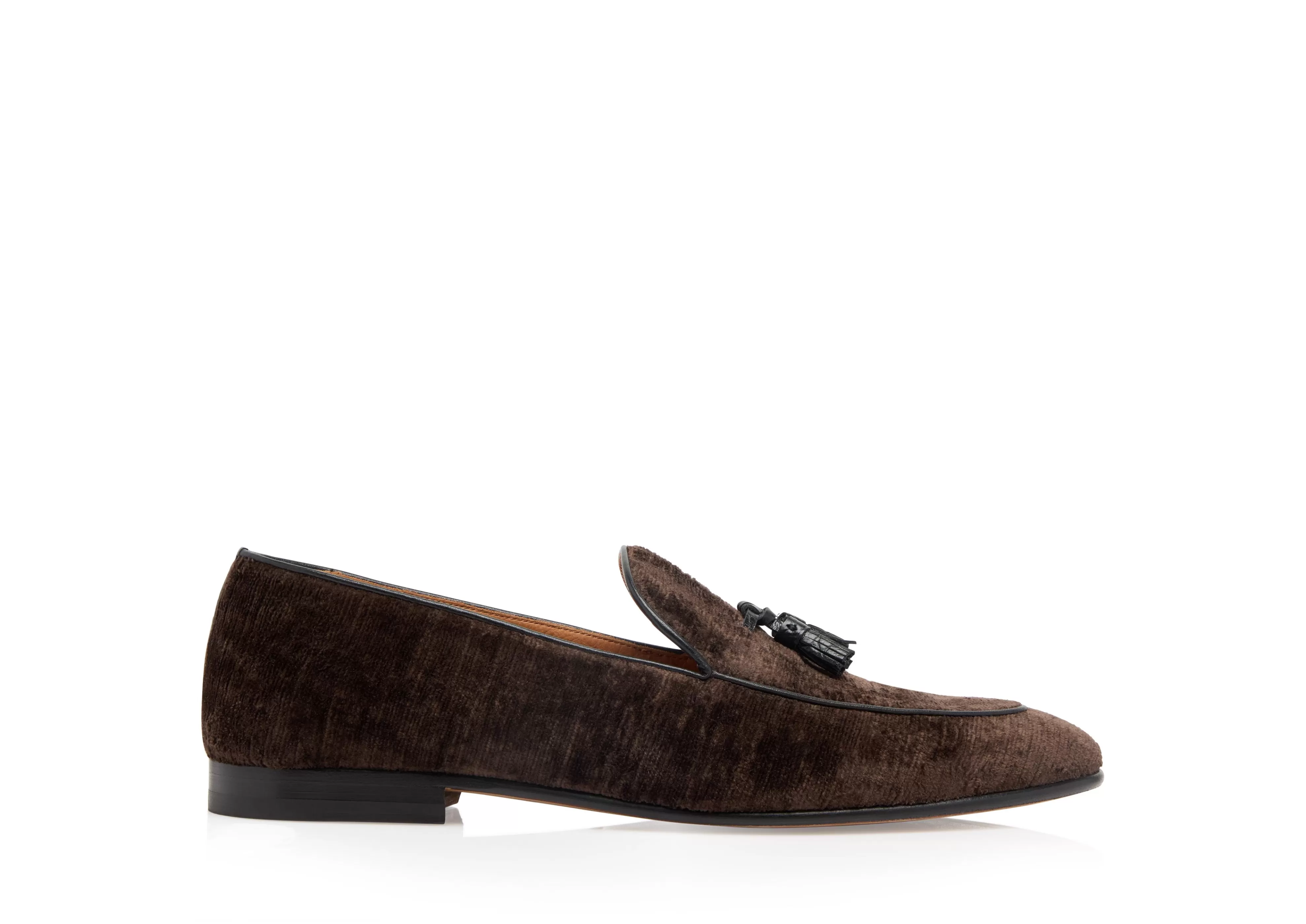 TOM FORD TEXTURED VELVET LIAM TASSEL LOAFER CHOCOLATE^MEN Loafers