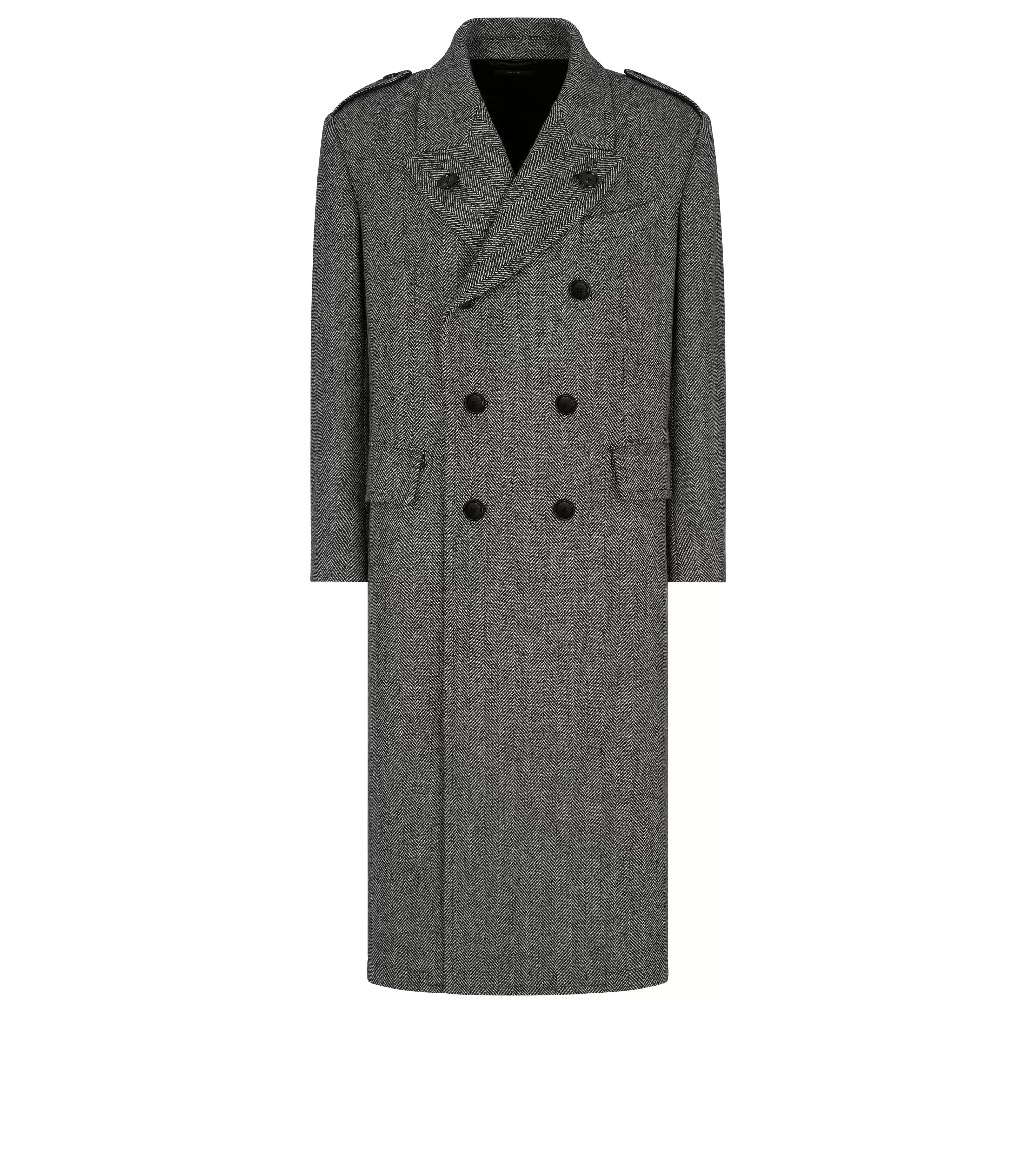 TOM FORD WIDE HERRINGBONE OFFICER COAT BLACK/WHITE^MEN | MEN Outerwear | AUTUMN/WINTER 23