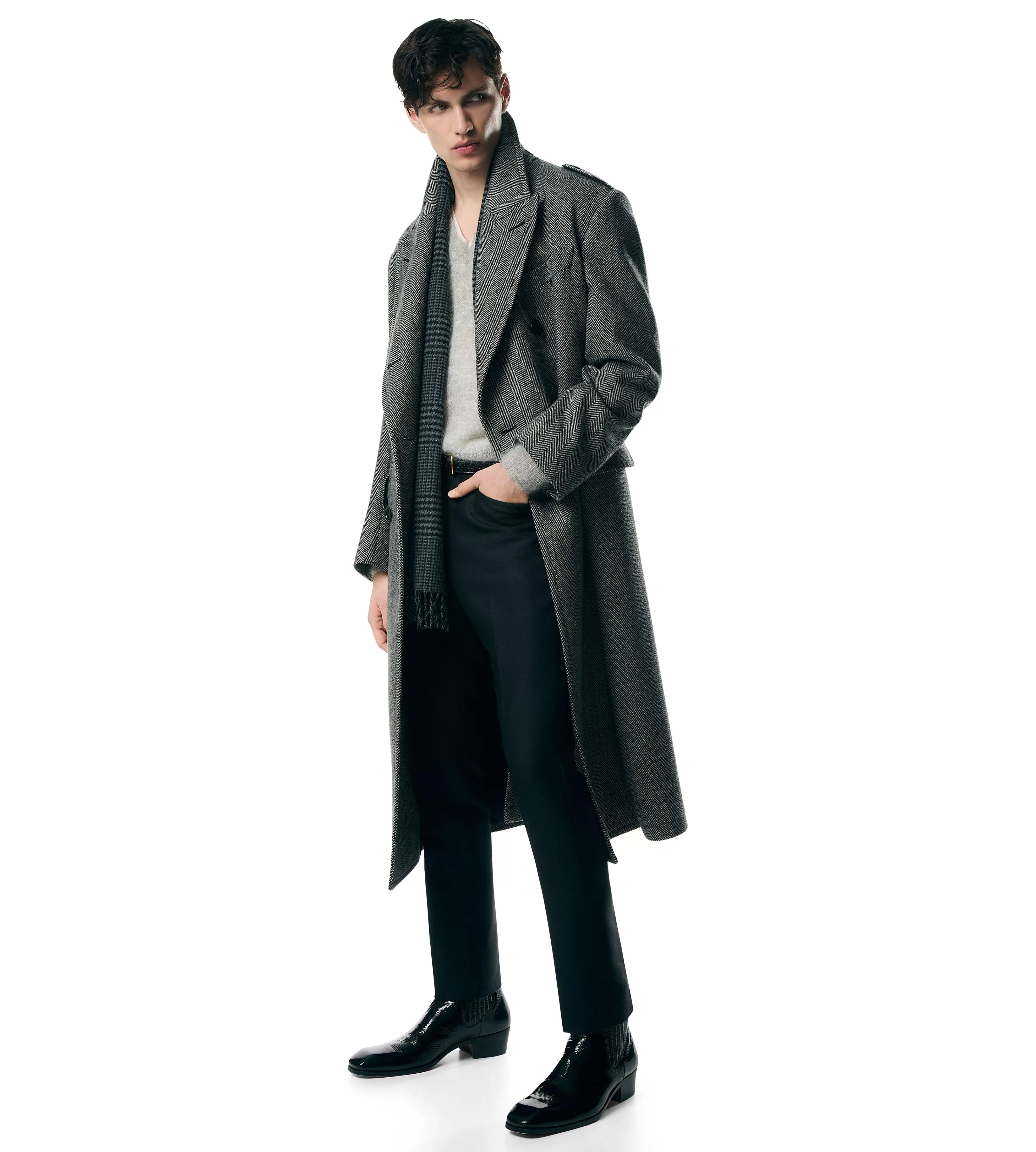 TOM FORD WIDE HERRINGBONE OFFICER COAT BLACK/WHITE^MEN | MEN Outerwear | AUTUMN/WINTER 23