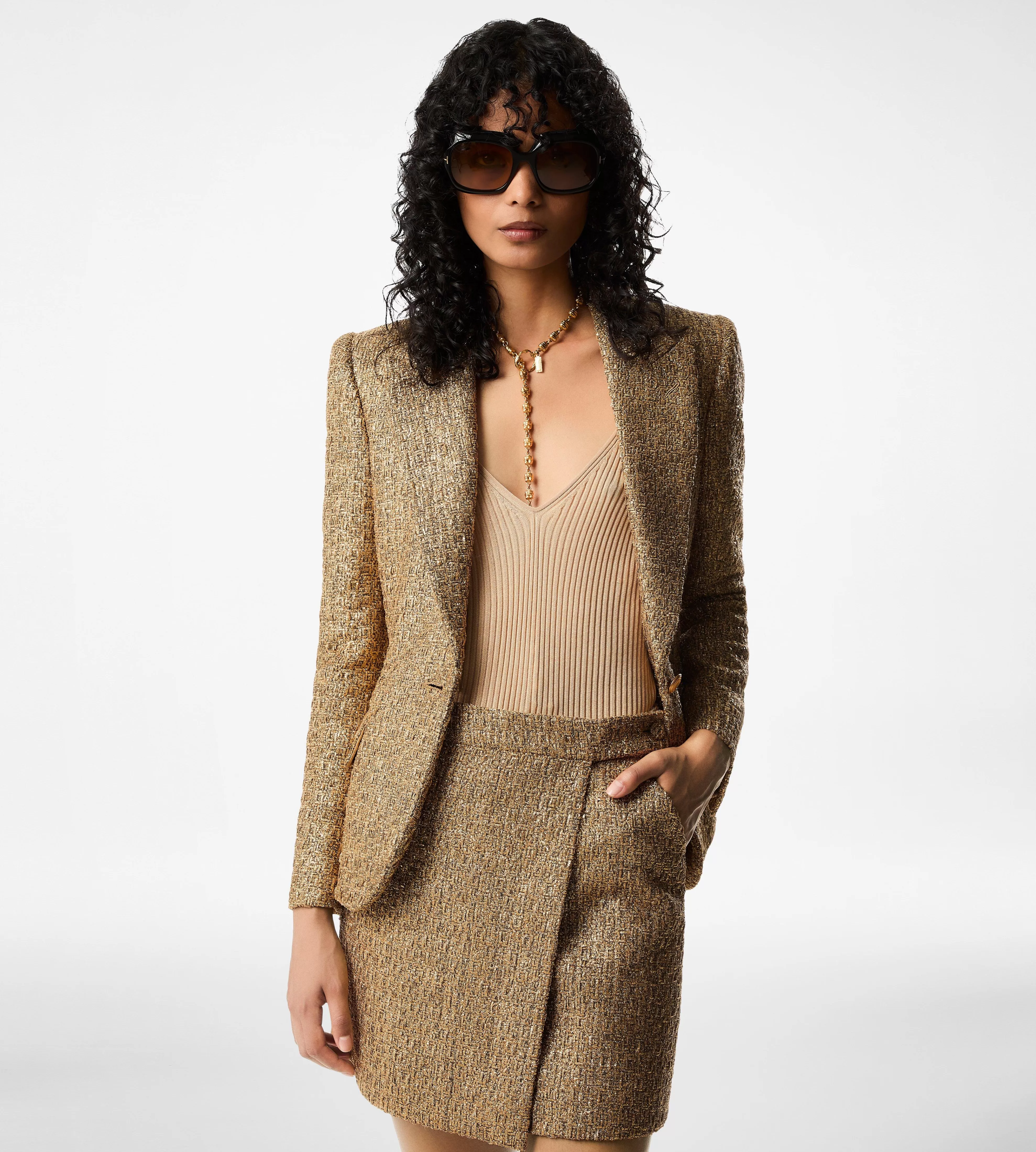 TOM FORD WOOL BLEND TWEED MINI SKIRT ANTIQUE GOLD^WOMEN | WOMEN Skirts | SPRING 24