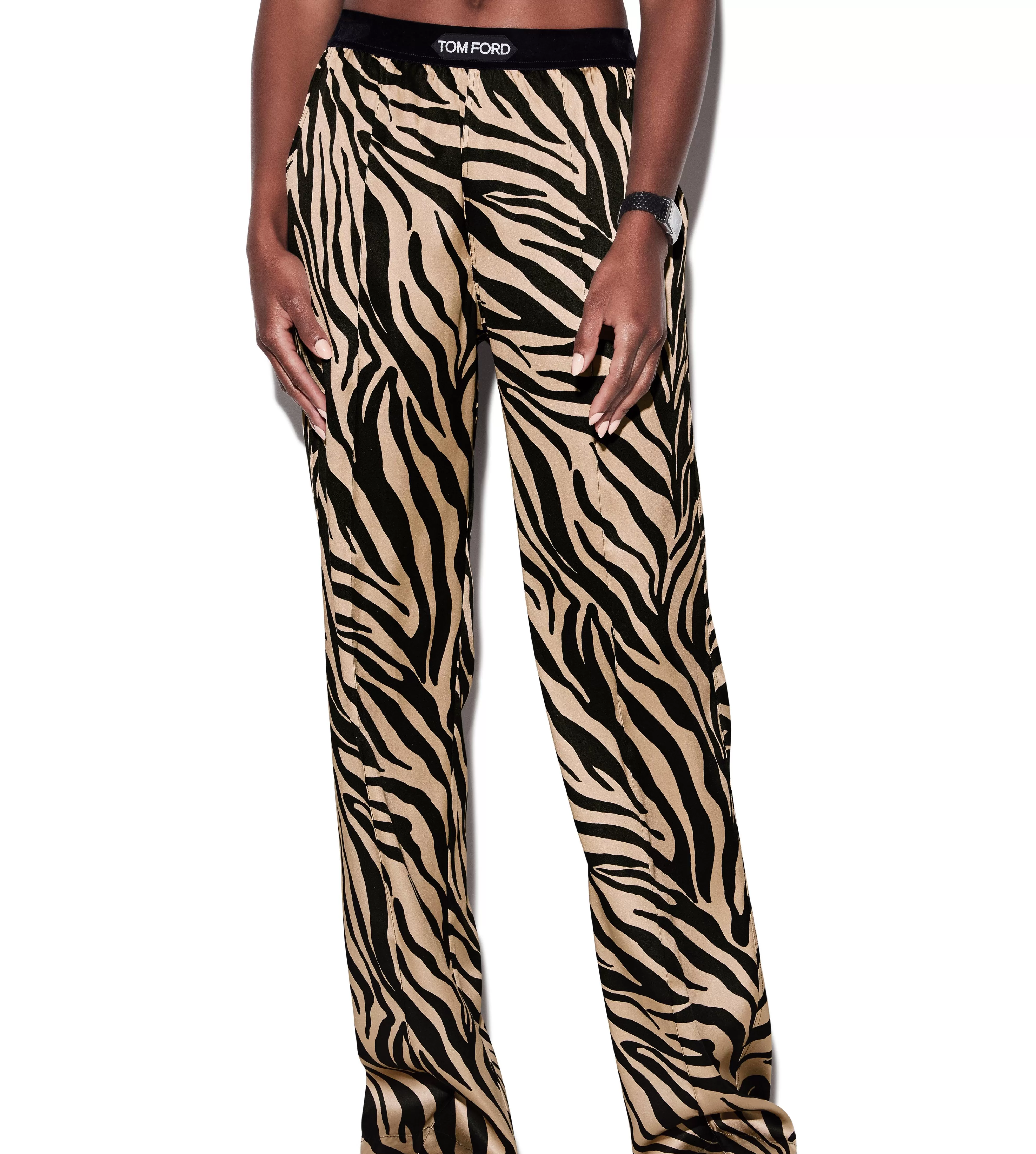 TOM FORD ZEBRA PRINTED SILK PJ PANTS BLACK + BEIGE^WOMEN | WOMEN Pajamas & Robes | Bottoms